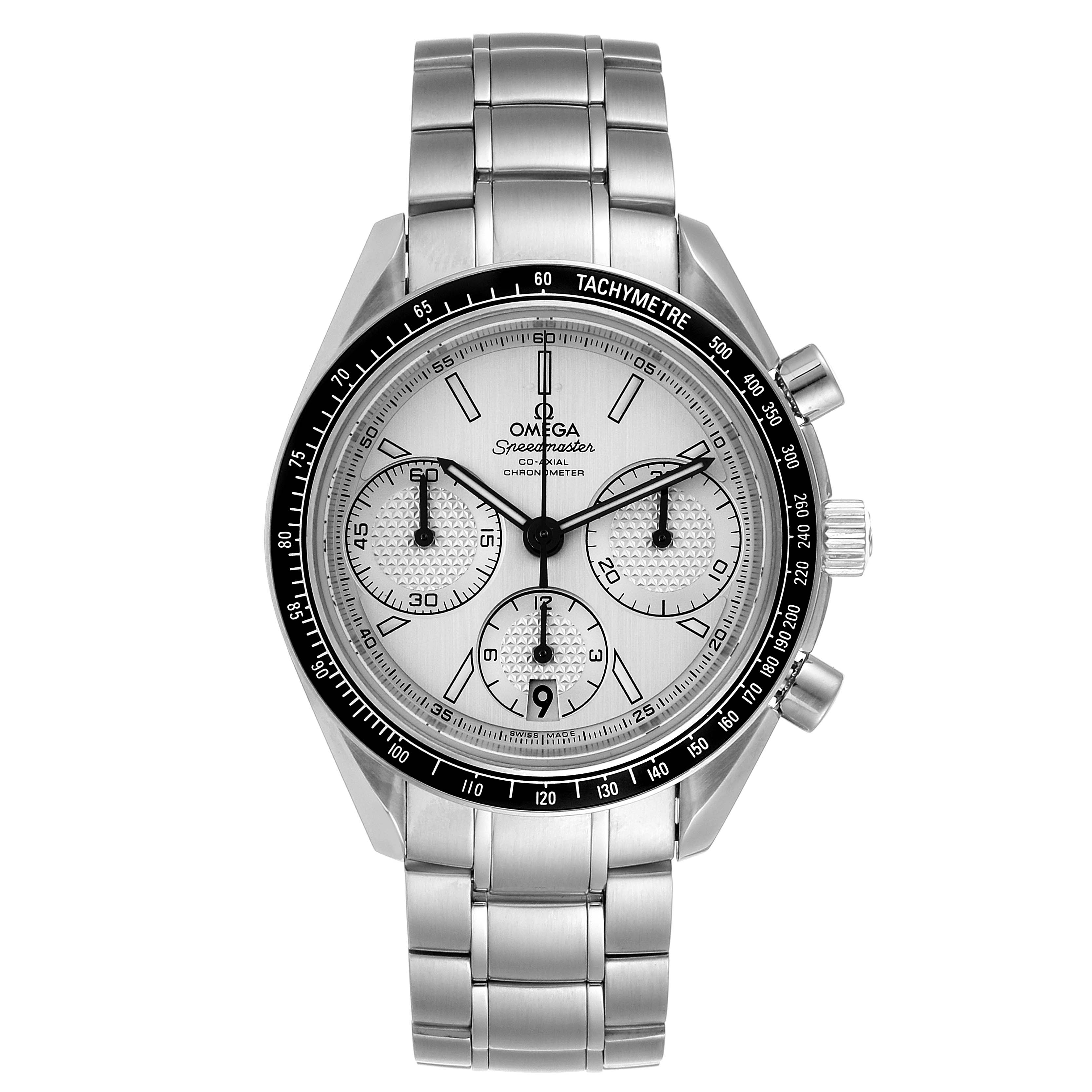 The Omega Speedmaster 326.30.40.50.02.001 Men
s Stainless Steel Silver Dial 326.30.40.50.02.001 Men
s Stainless Steel Silver Dial watch is shown from the front, displaying its dial, bezel, chronograph sub-dials, and metal bracelet.