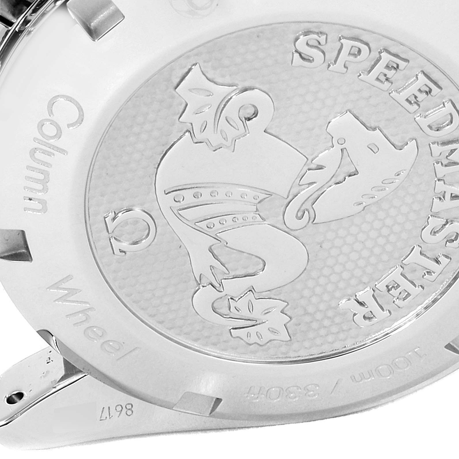 The image shows the engraved case back of an Omega Speedmaster 326.30.40.50.02.001 Men
s Stainless Steel Silver Dial 326.30.40.50.02.001 Men
s Stainless Steel Silver Dial watch, viewed from a close-up angle.