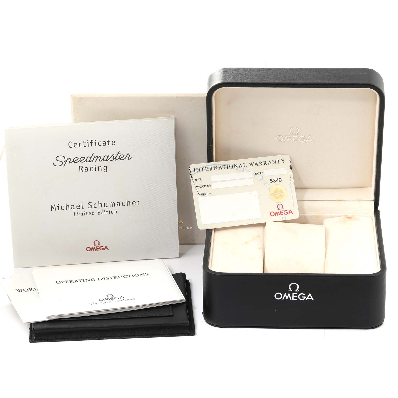 The image shows the box, certificate, warranty card, and operating instructions for the Omega Speedmaster 3518.50.00 Men's Stainless Steel Black Dial 3518.50.00 Men's Stainless Steel Black Dial model.