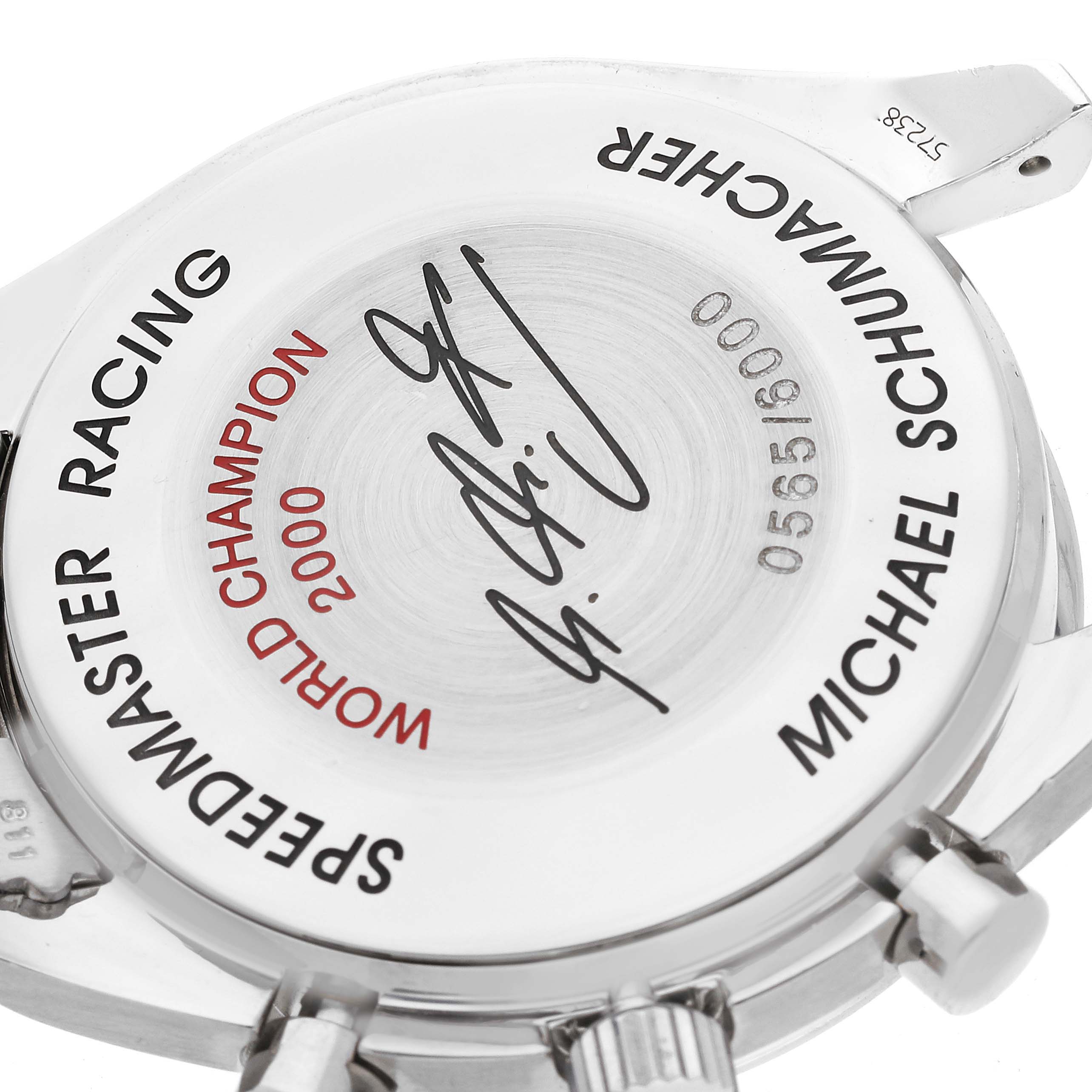 The image shows the back casing of an Omega Speedmaster 3518.50.00 Men's Stainless Steel Black Dial 3518.50.00 Men's Stainless Steel Black Dial Racing watch, featuring a special inscription and limited edition numbering.