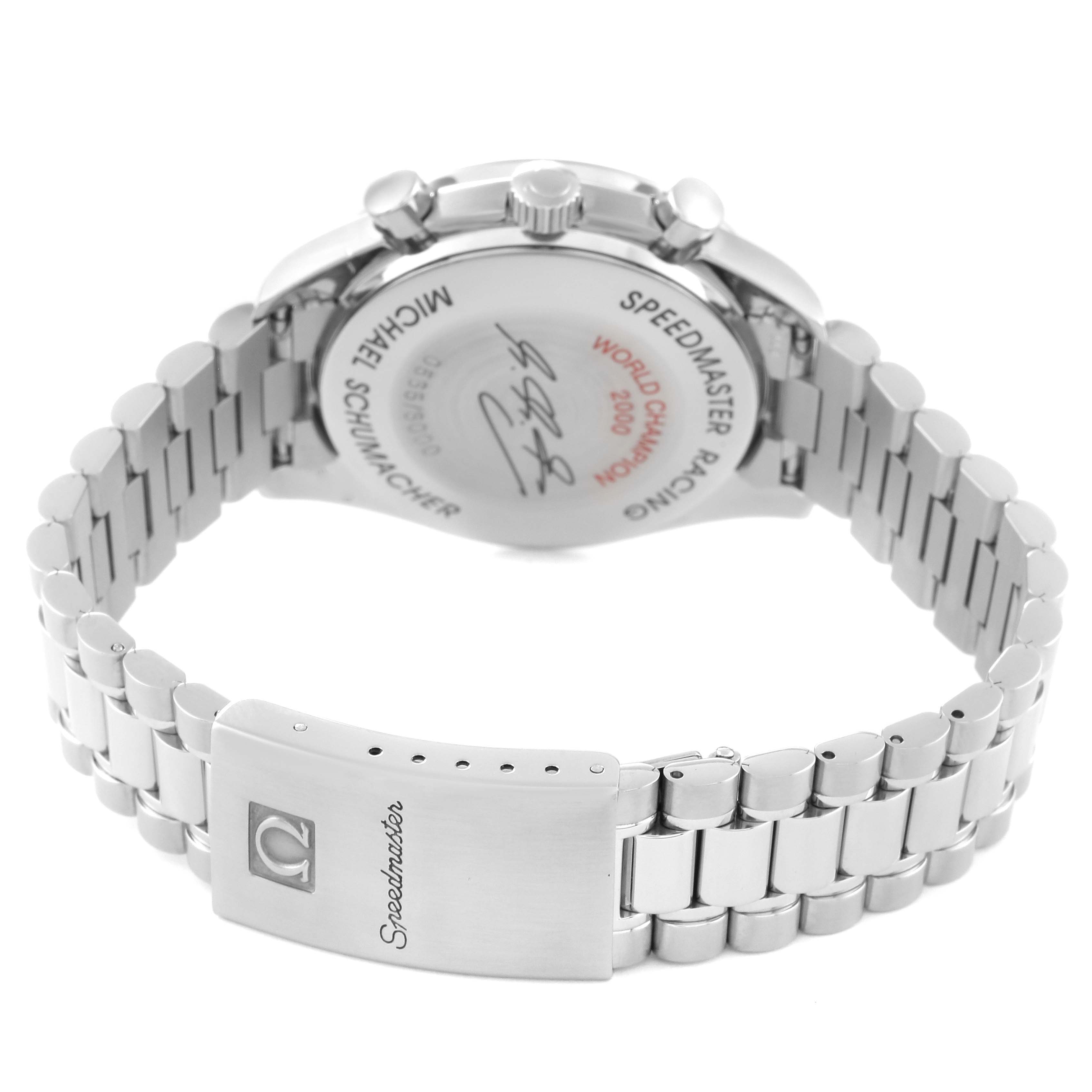 The image shows the back and clasp of an Omega Speedmaster 3518.50.00 Men's Stainless Steel Black Dial 3518.50.00 Men's Stainless Steel Black Dial watch from an angled rear view.