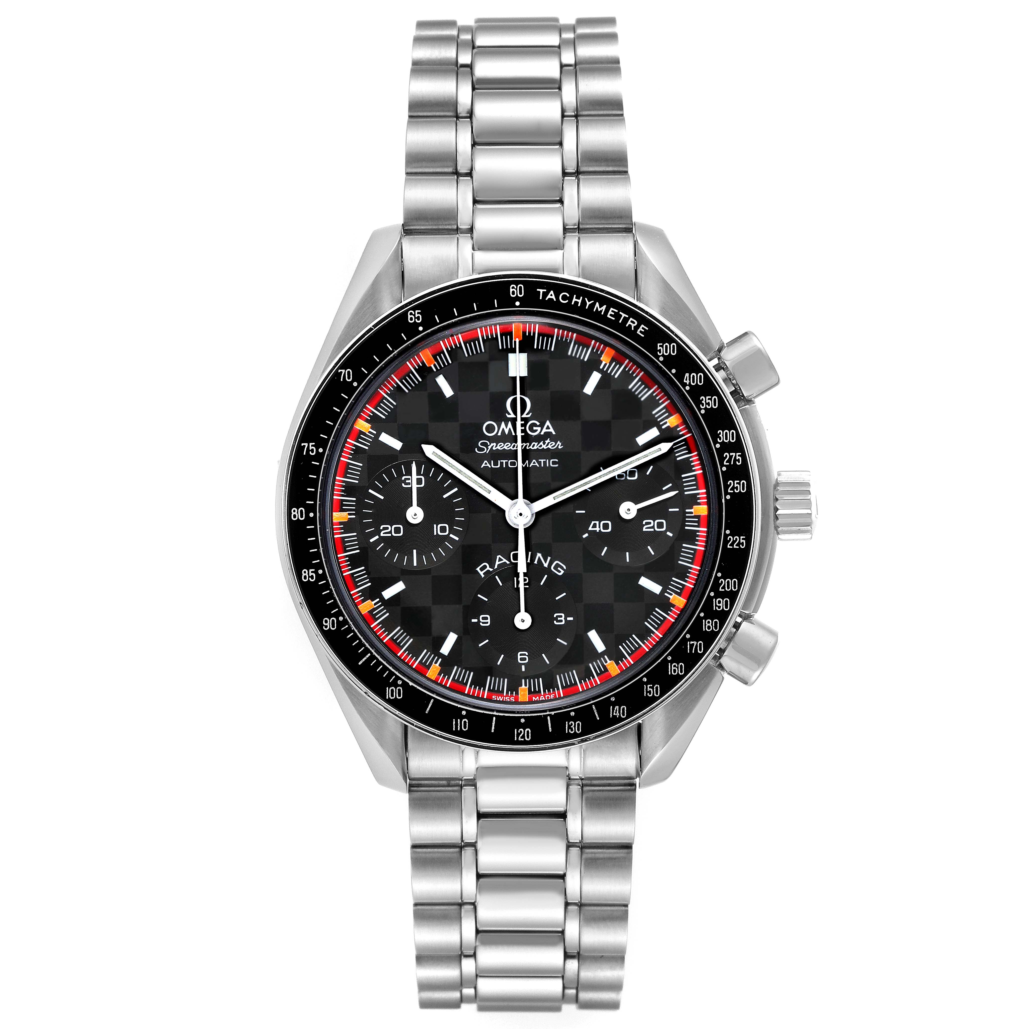 The image shows a frontal view of an Omega Speedmaster 3518.50.00 Men's Stainless Steel Black Dial 3518.50.00 Men's Stainless Steel Black Dial watch, highlighting the face, bezel, and metal bracelet.