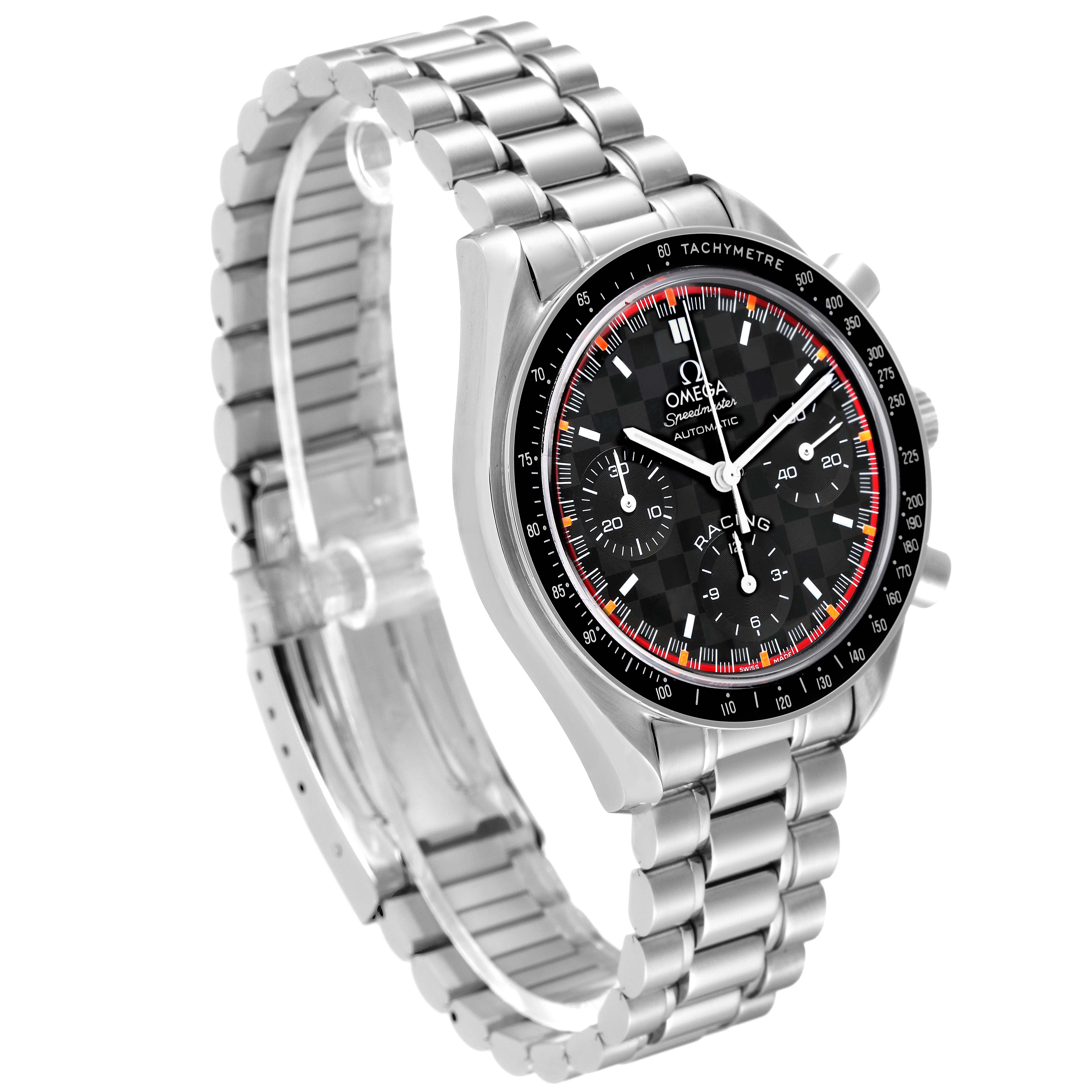 The image shows an angled front view of an Omega Speedmaster 3518.50.00 Men's Stainless Steel Black Dial 3518.50.00 Men's Stainless Steel Black Dial watch, featuring its bezel, dial, and bracelet.