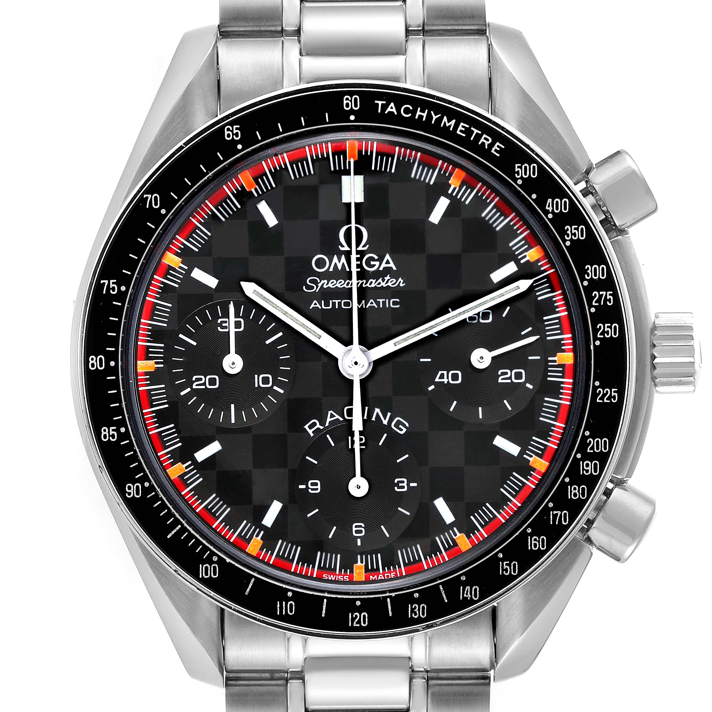 The image shows a front view of the Omega Speedmaster 3518.50.00 Men's Stainless Steel Black Dial 3518.50.00 Men's Stainless Steel Black Dial Racing watch, highlighting its dial, bezel, and bracelet.
