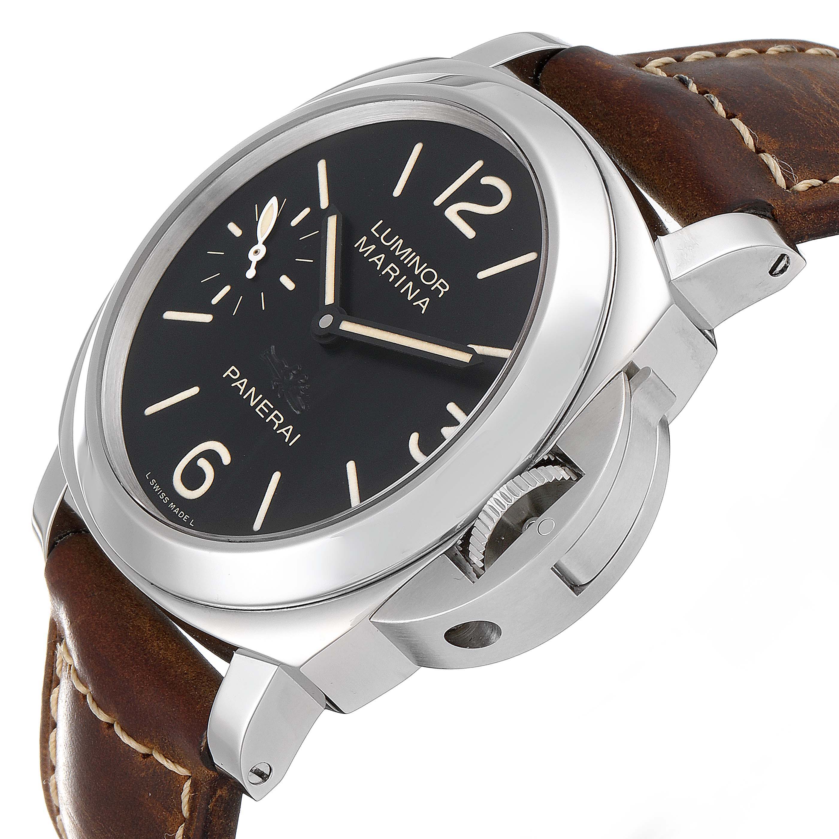 The image shows a Panerai Luminor PAM00463 Men's Stainless Steel Black Dial PAM00463 Men's Stainless Steel Black Dial Marina watch from a side angle, highlighting its crown guard and brown leather strap.
