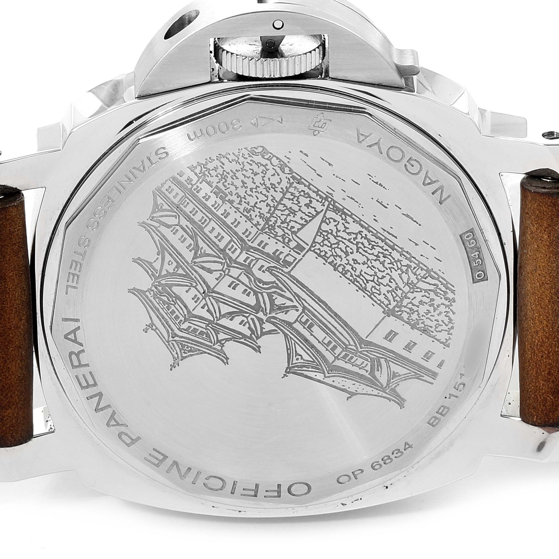 The image shows the case back and crown guard of a Panerai Luminor PAM00463 Men's Stainless Steel Black Dial PAM00463 Men's Stainless Steel Black Dial watch with an engraving.