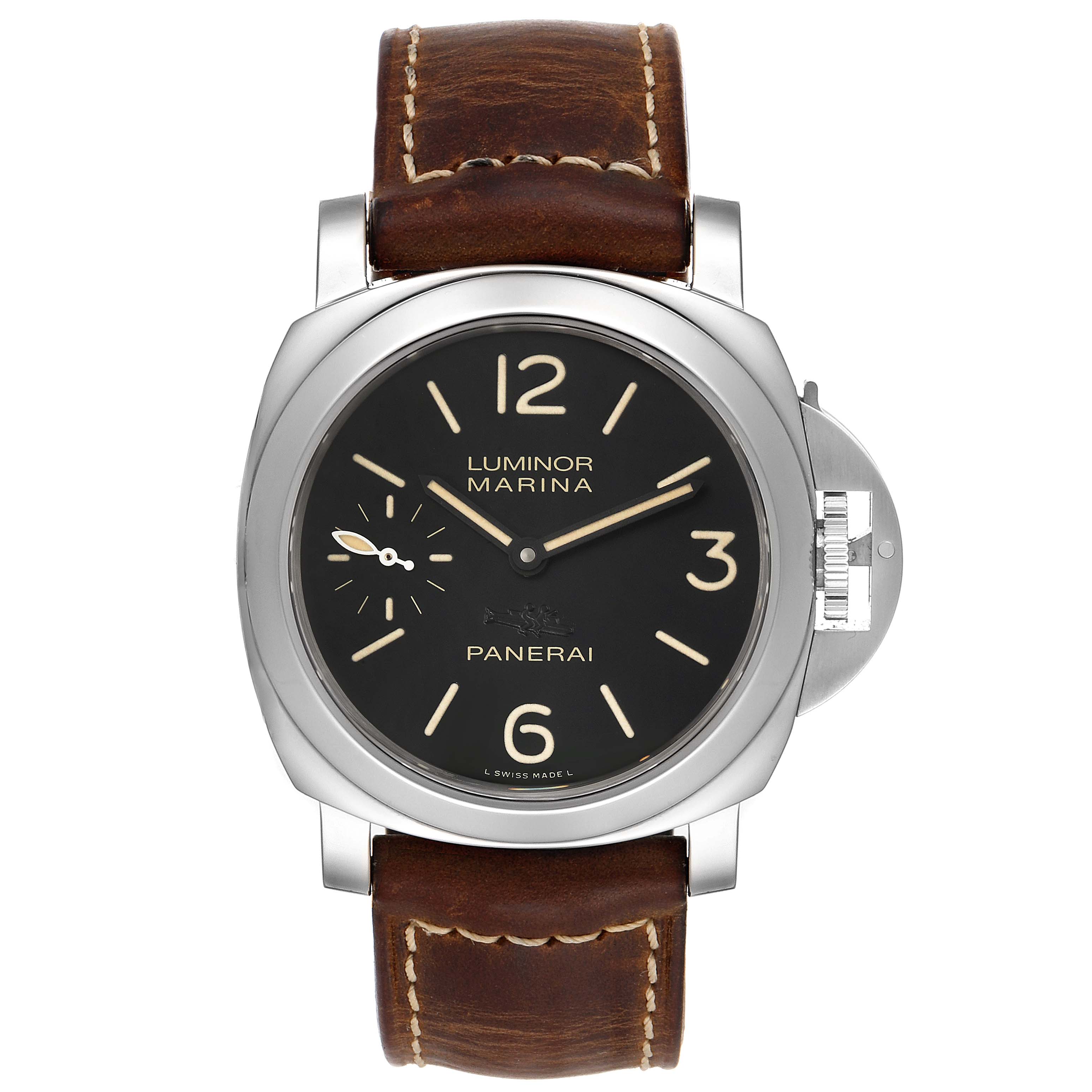 The image shows a front view of a Panerai Luminor PAM00463 Men's Stainless Steel Black Dial PAM00463 Men's Stainless Steel Black Dial Marina watch with a brown leather strap and stainless steel case.