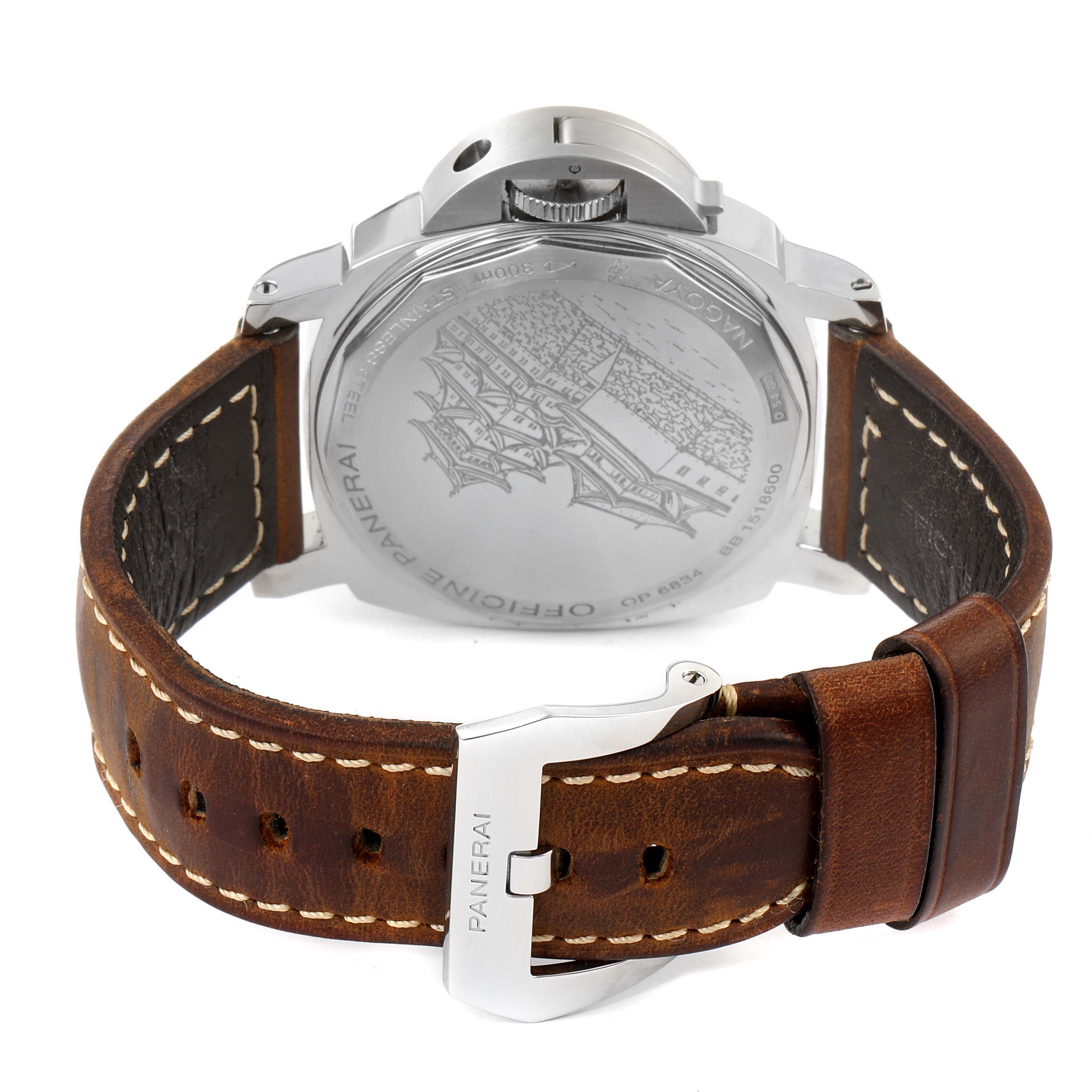 This image shows the back view of a Panerai Luminor PAM00463 Men's Stainless Steel Black Dial PAM00463 Men's Stainless Steel Black Dial watch, highlighting the engraved case back and brown leather strap with buckle.