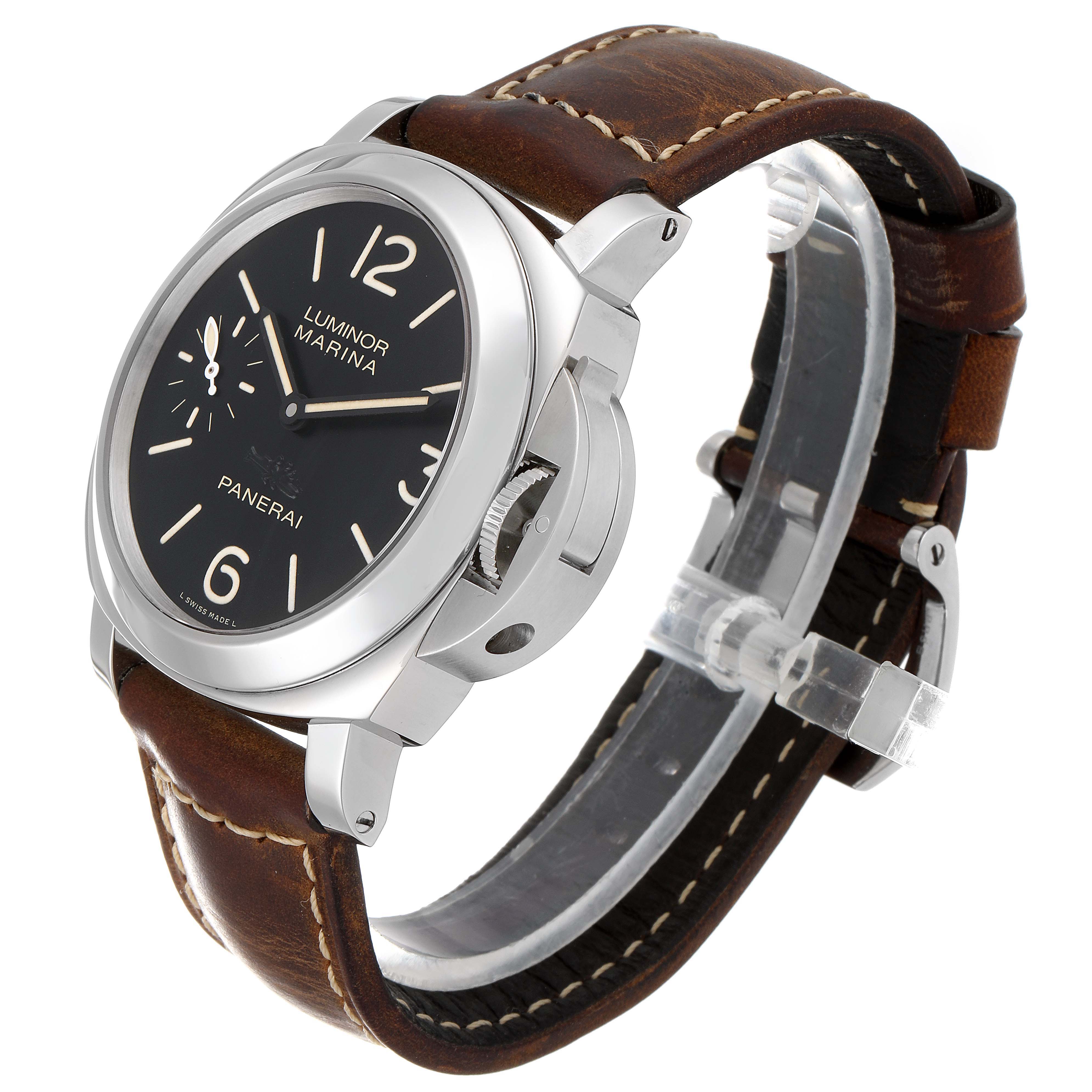 This image shows a side angle of a Panerai Luminor PAM00463 Men's Stainless Steel Black Dial PAM00463 Men's Stainless Steel Black Dial watch, detailing the case, dial, and leather strap.