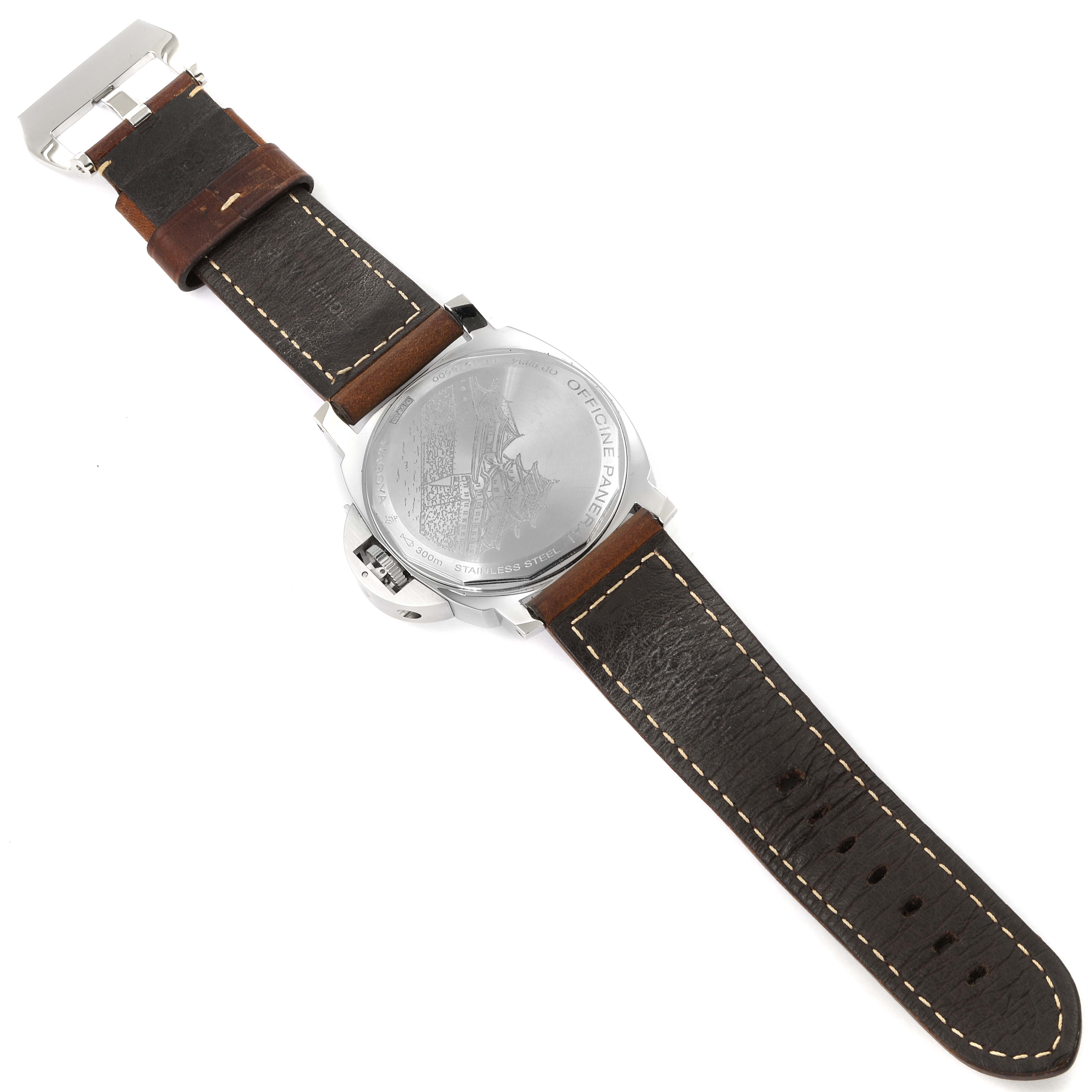 The image shows the rear view of a Panerai Luminor PAM00463 Men's Stainless Steel Black Dial PAM00463 Men's Stainless Steel Black Dial watch, displaying the engraved case back and leather strap.