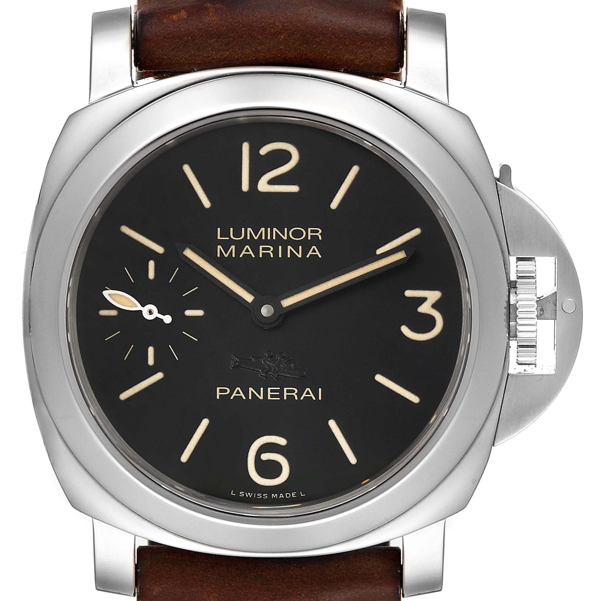The image shows a front view of a Panerai Luminor PAM00463 Men's Stainless Steel Black Dial PAM00463 Men's Stainless Steel Black Dial Marina watch, highlighting its black dial, numerals, and crown guard.