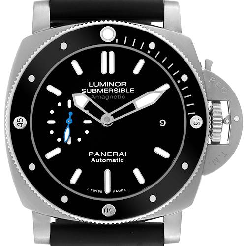 The Panerai Submersible PAM01389 Men's Titanium Black Dial watch is shown from a front angle, displaying its dial, bezel, and crown guard.