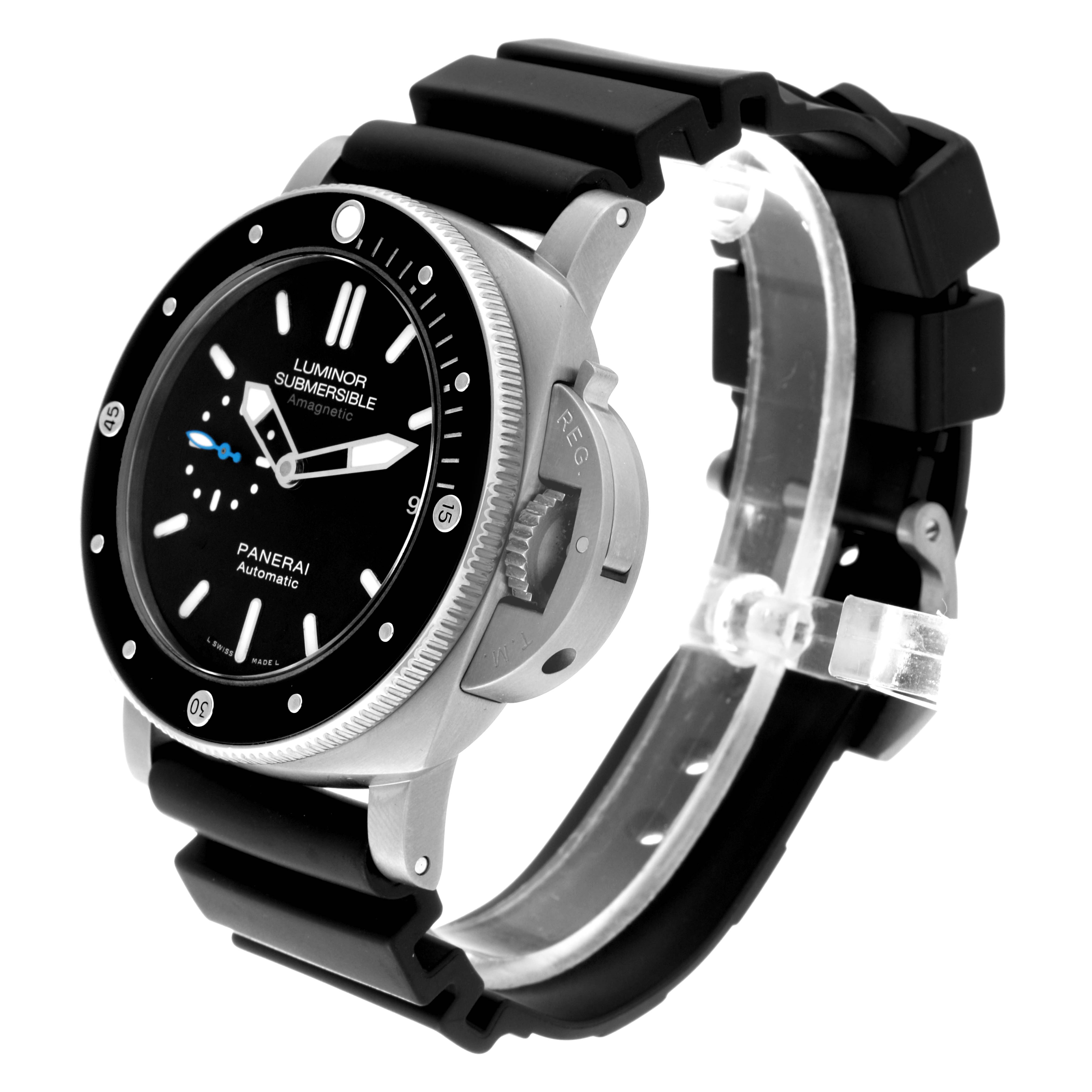 The Panerai Submersible PAM01389 Men's Titanium Black Dial watch is shown at a three-quarter angle highlighting the bezel, dial, and rubber strap.