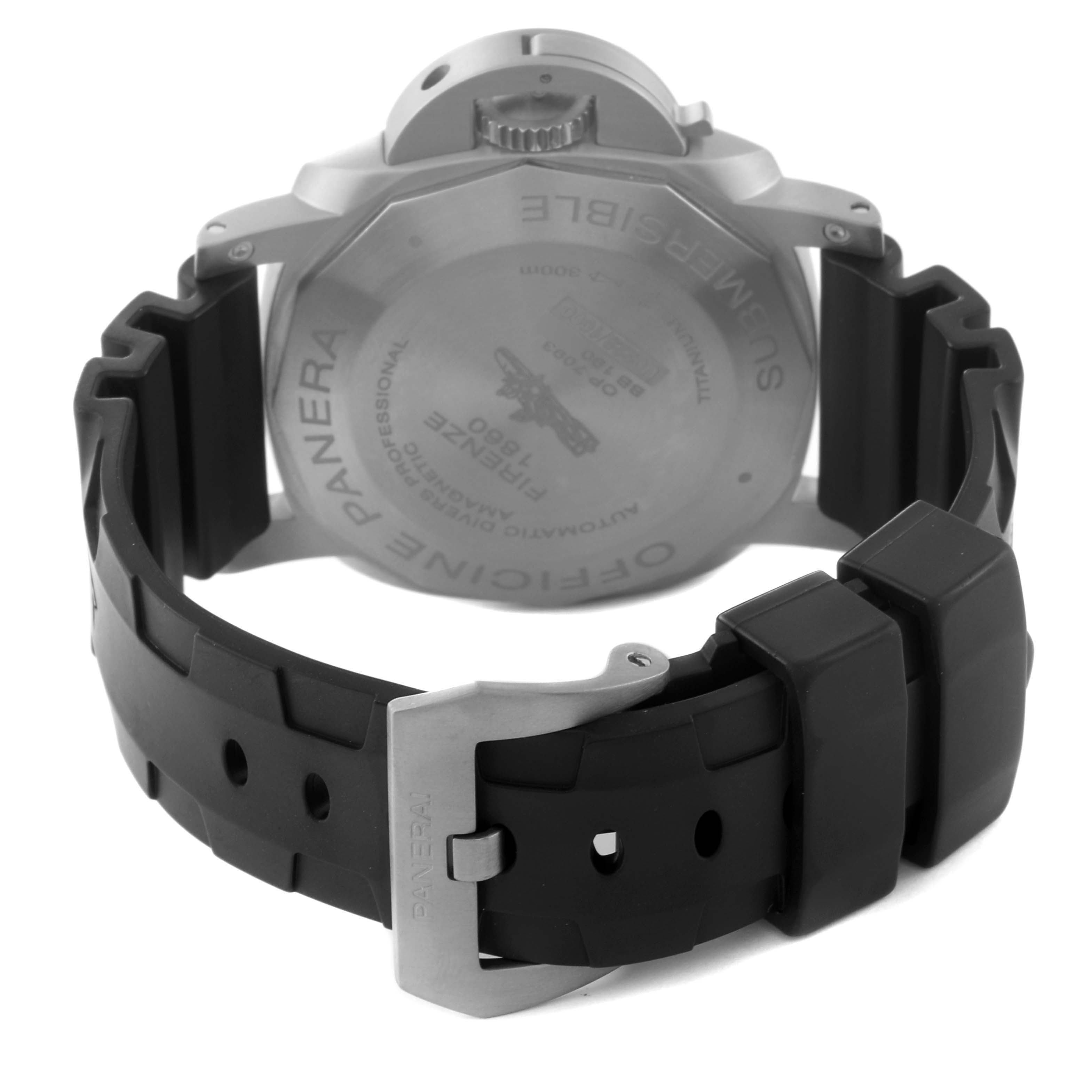 The image shows the back case and strap of a Panerai Submersible PAM01389 Men's Titanium Black Dial watch facing towards the rear with the buckle and lugs visible.