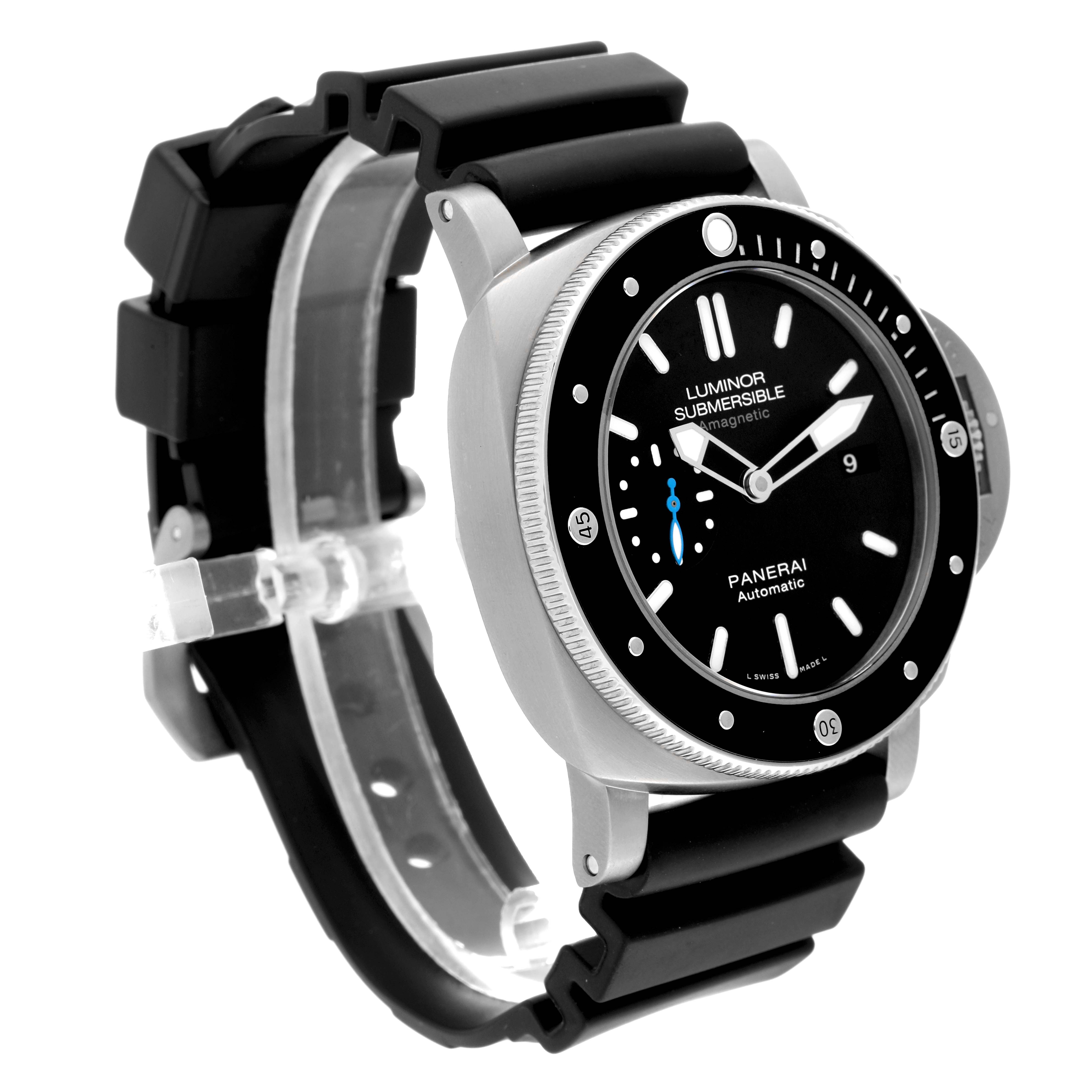 The Panerai Submersible PAM01389 Men's Titanium Black Dial watch is shown at a three-quarter angle, highlighting the bezel, dial, and rubber strap.