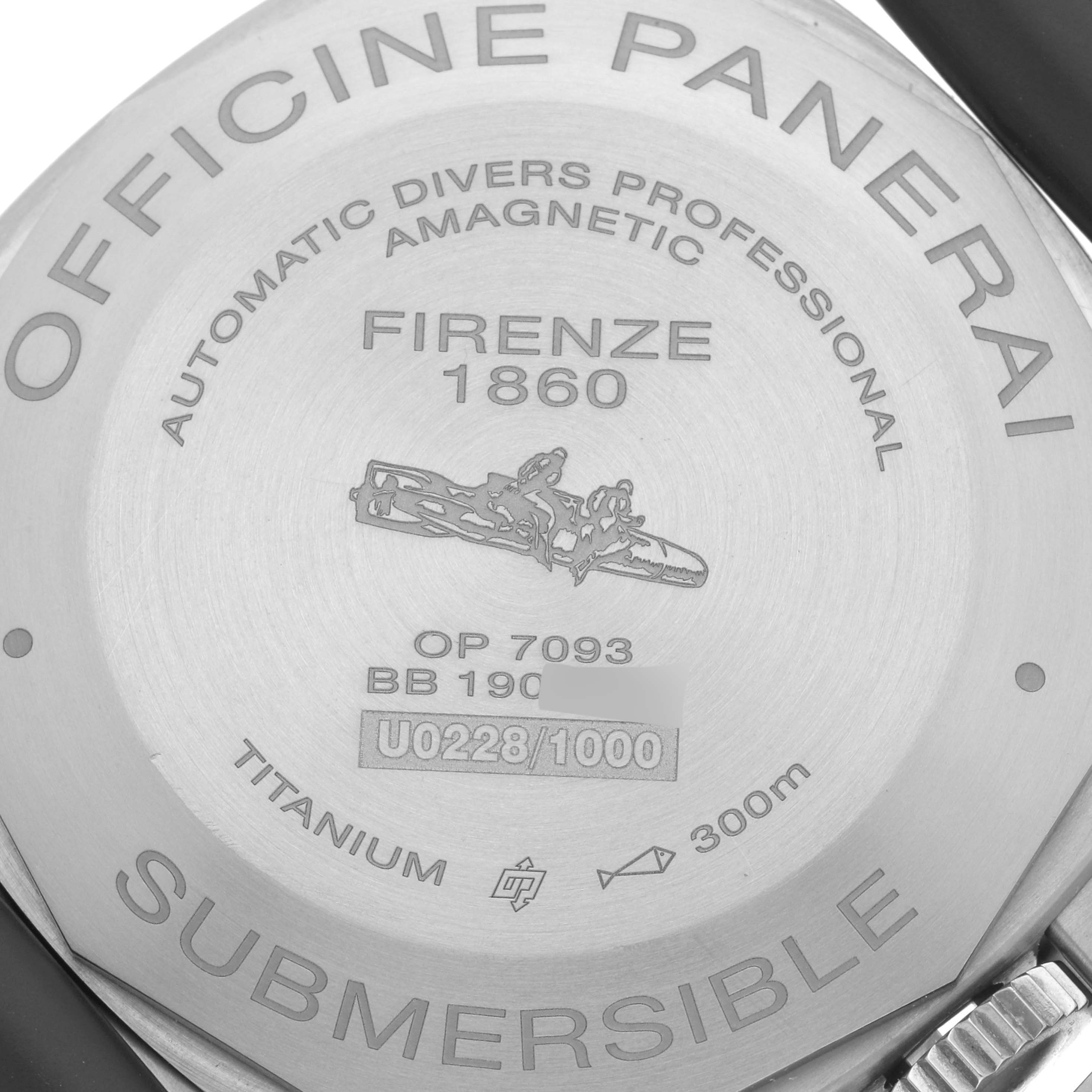 The image shows the back case of a Panerai Submersible PAM01389 Men's Titanium Black Dial watch, featuring engravings and specifications.