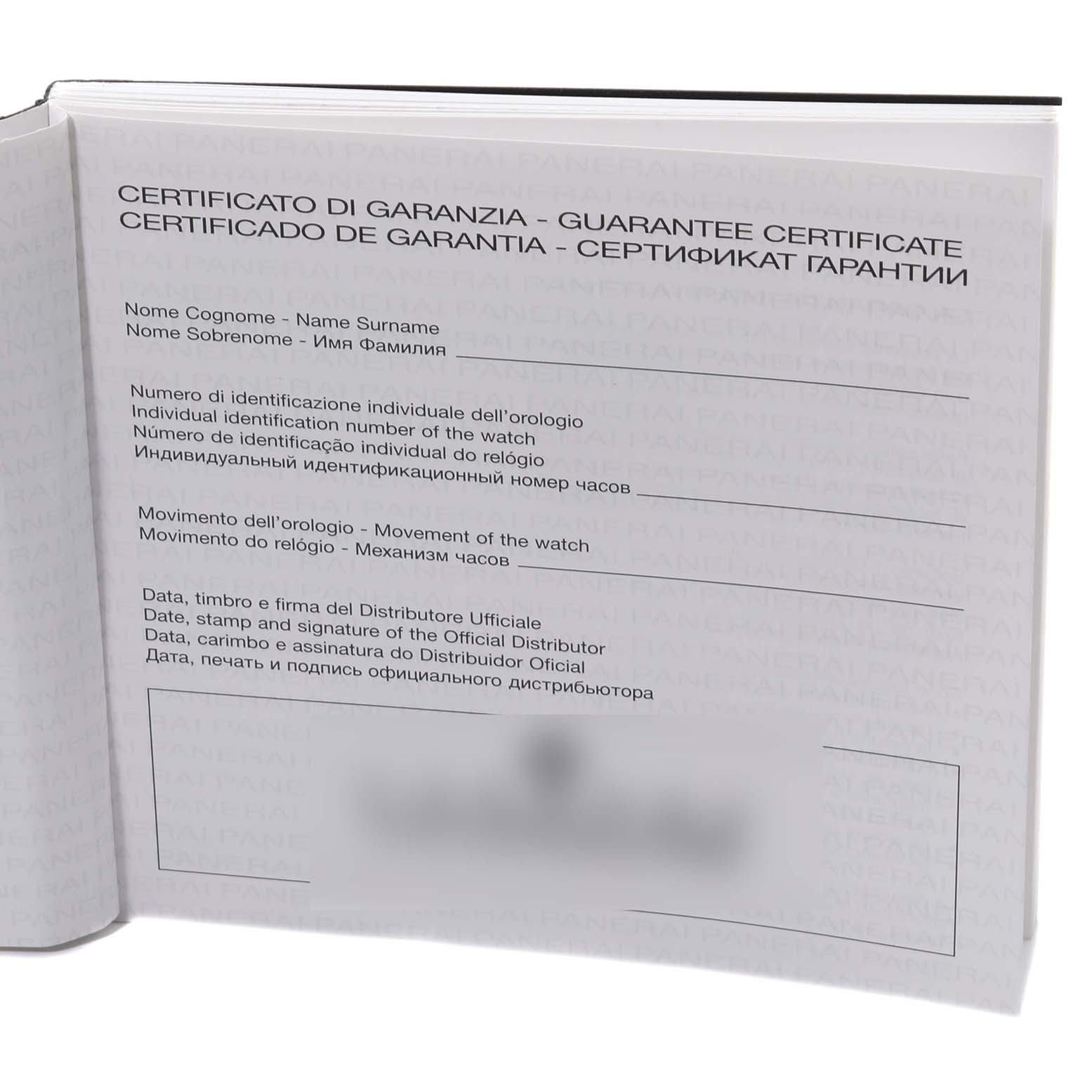 The image shows an open booklet at an angle, displaying the guarantee certificate for a Panerai Submersible PAM01389 Men's Titanium Black Dial watch.