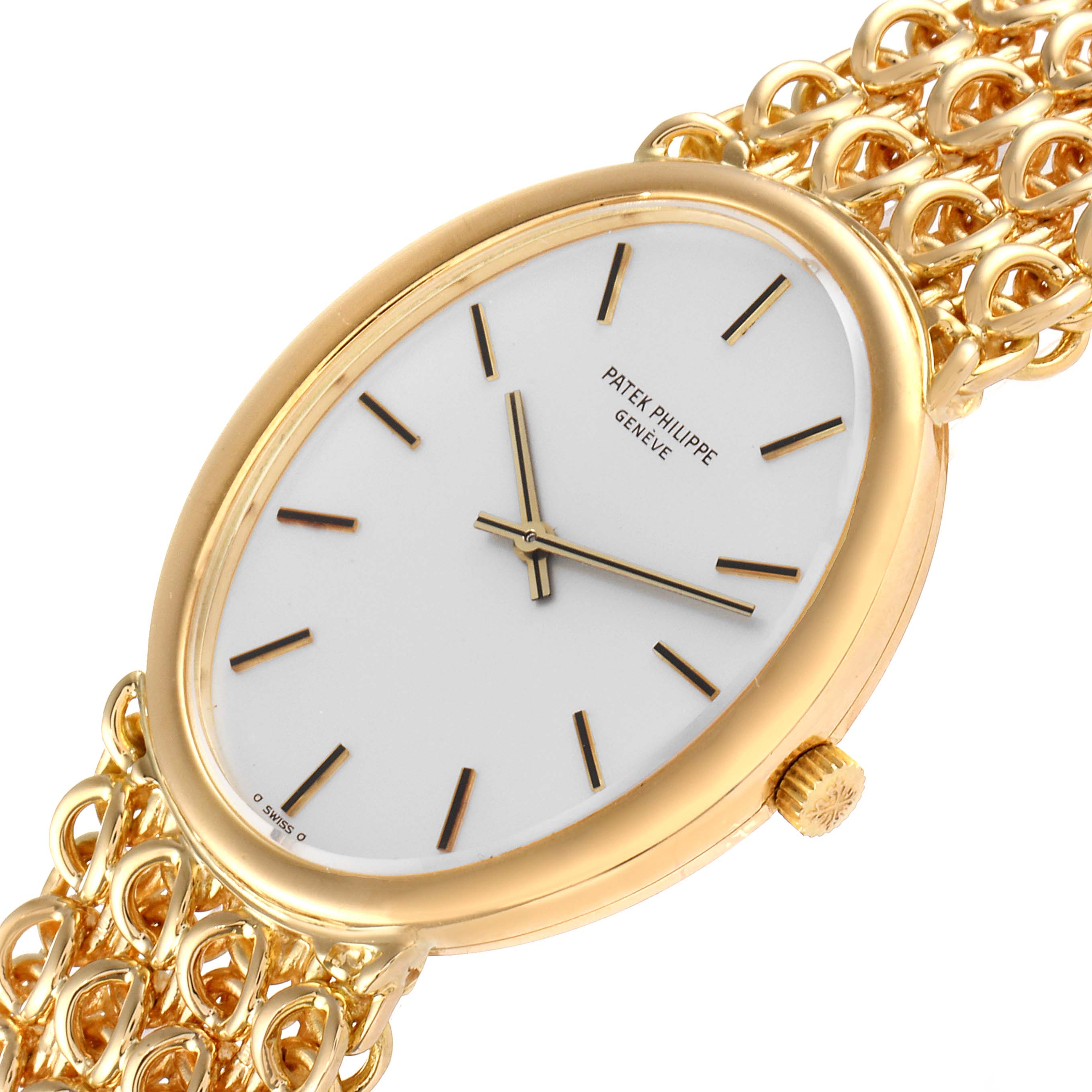 The image shows a close-up of the Patek Philippe Golden Ellipse 3598 Men's Yellow Gold Silver Dial 3598 Men's Yellow Gold Silver Dial model, emphasizing its face, case, and a portion of its intricate gold bracelet.