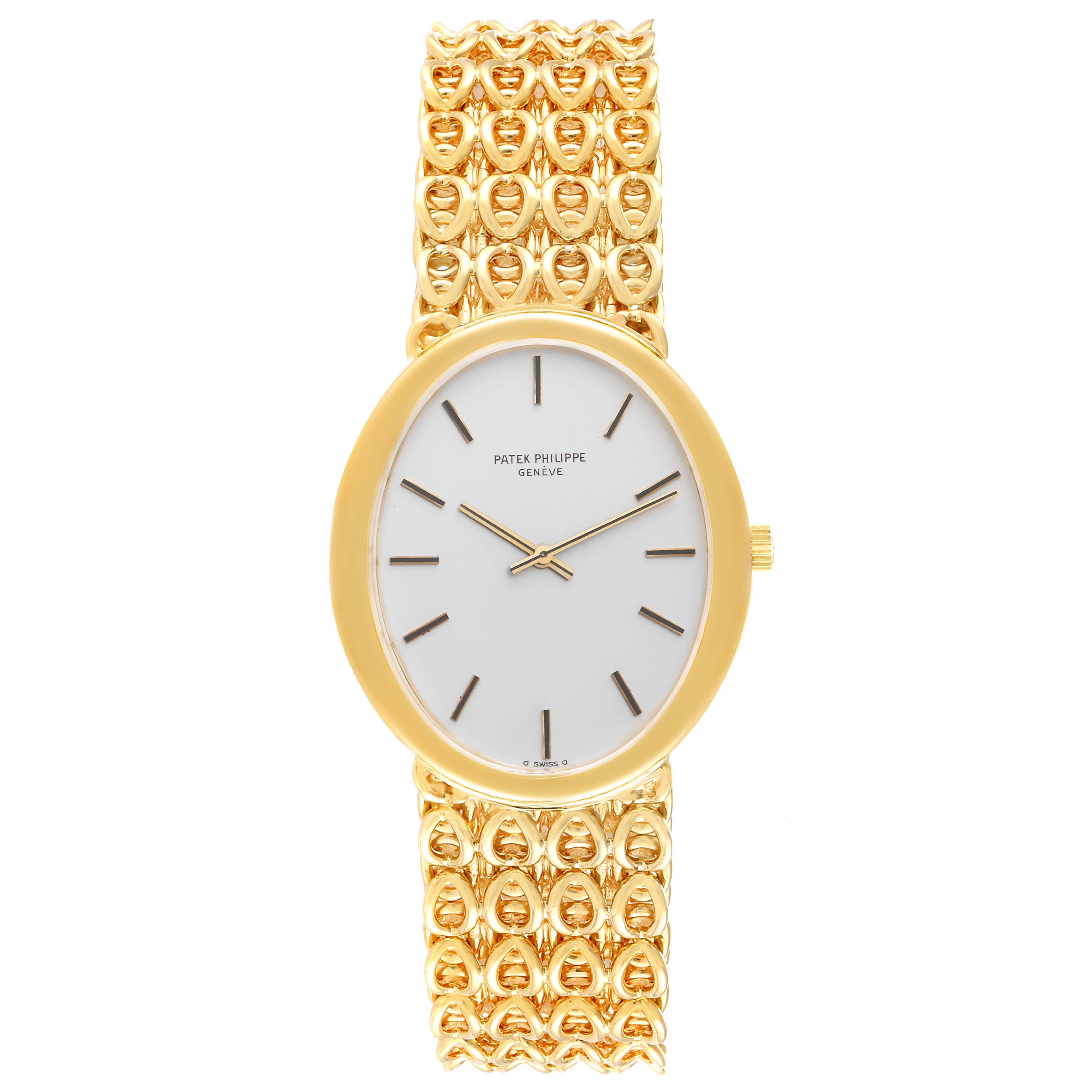 This image shows a front view of the Golden Ellipse watch by Patek Philippe, displaying the dial and detailed gold bracelet.