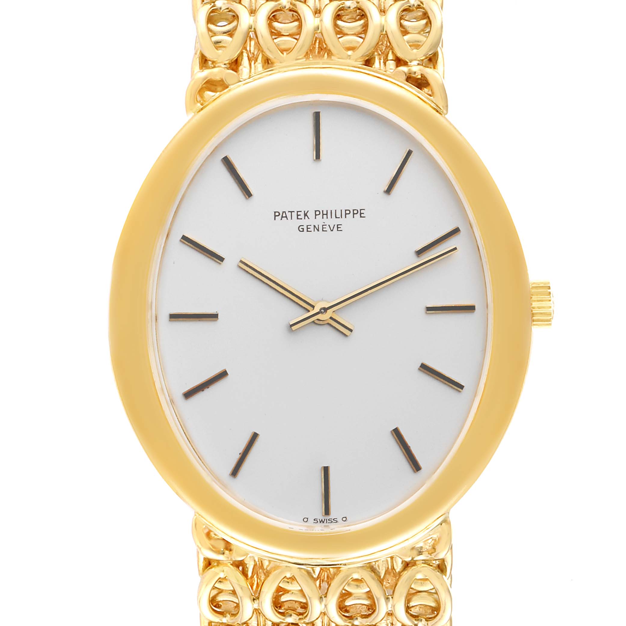 The image shows a frontal view of the Patek Philippe Golden Ellipse 3598 Men's Yellow Gold Silver Dial 3598 Men's Yellow Gold Silver Dial watch, displaying its dial, case, and part of the gold bracelet.