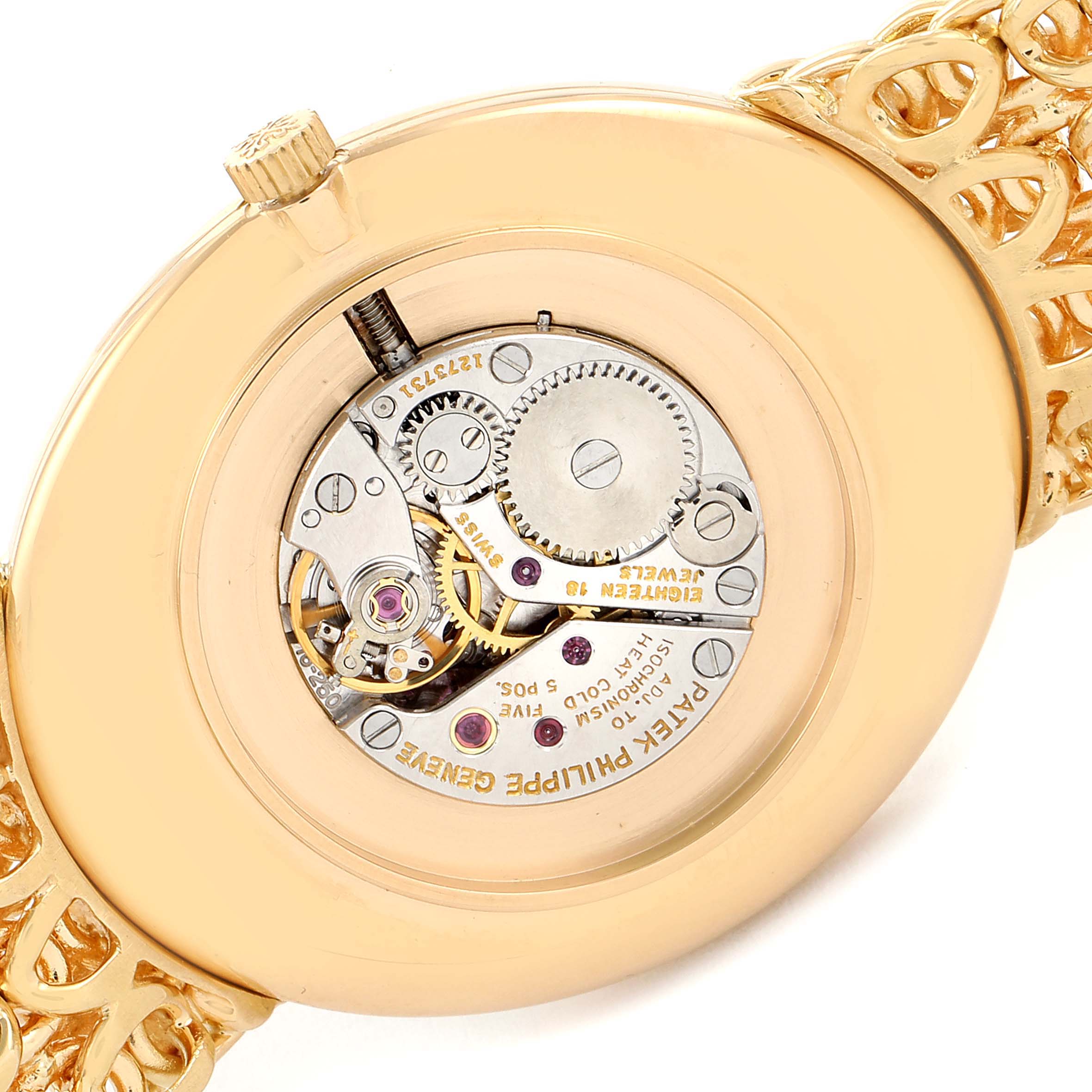 This image shows the back view of the Patek Philippe Golden Ellipse 3598 Men's Yellow Gold Silver Dial 3598 Men's Yellow Gold Silver Dial, displaying its intricate mechanical movement.