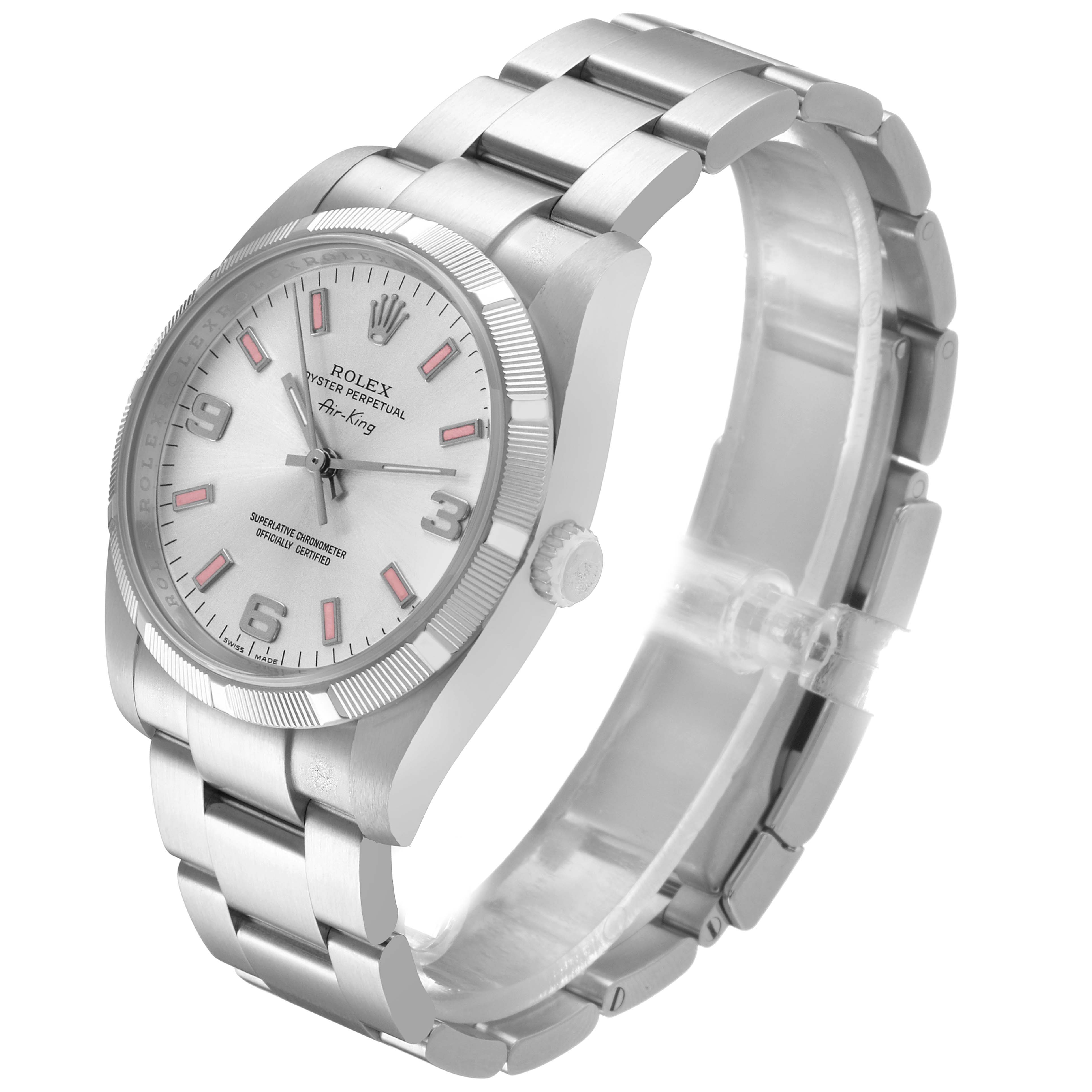 The Rolex Air-King 114210 Men's Stainless Steel Silver Dial watch is shown at a slight angle, featuring its face, bezel, crown, and bracelet.