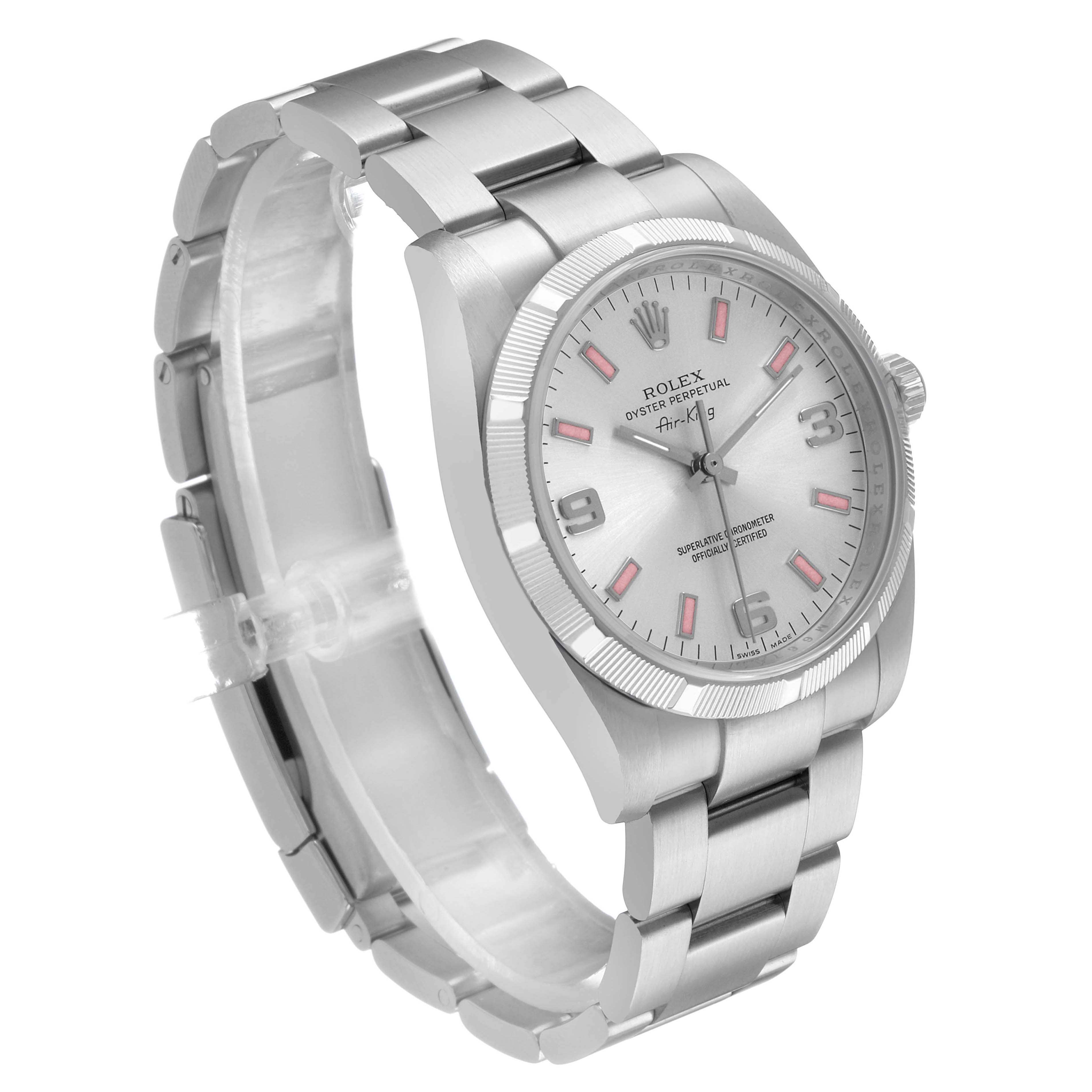 The Rolex Air-King 114210 Men's Stainless Steel Silver Dial watch is shown at an angled view displaying the face, bezel, crown, and bracelet links.