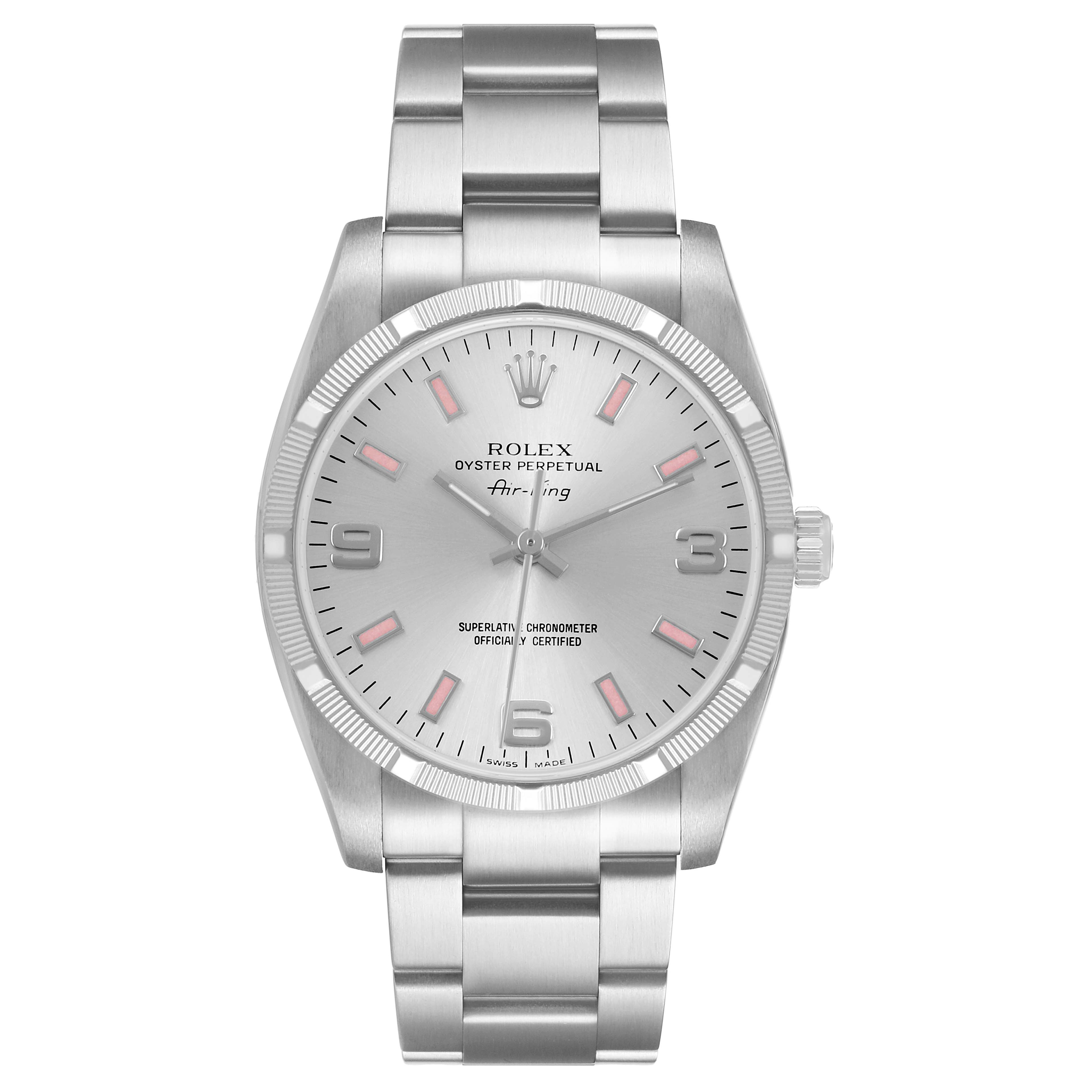 The Rolex Air-King 114210 Men's Stainless Steel Silver Dial watch is shown from a front angle, highlighting its dial, bezel, and bracelet.