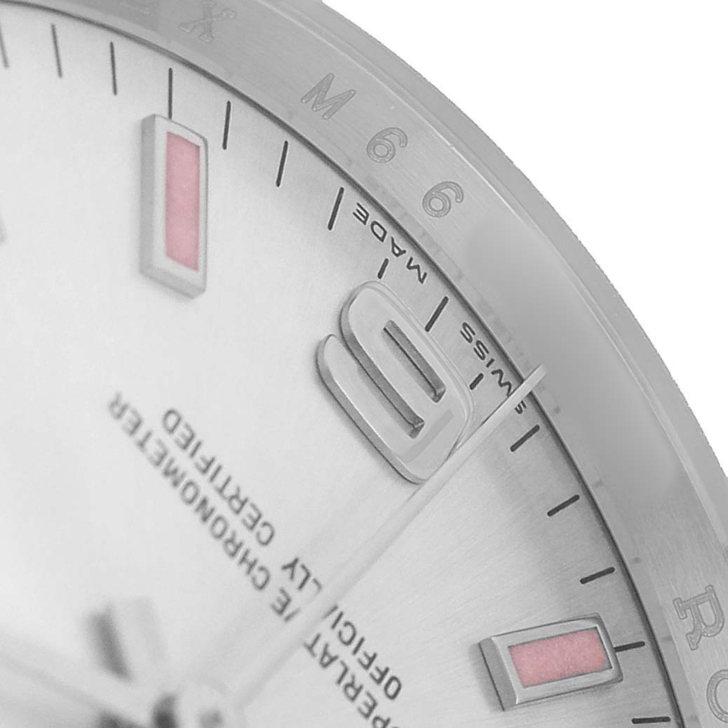 The image shows a close-up of the Rolex Air-King 114210 Men's Stainless Steel Silver Dial dial, highlighting the index markers and part of the watch face.