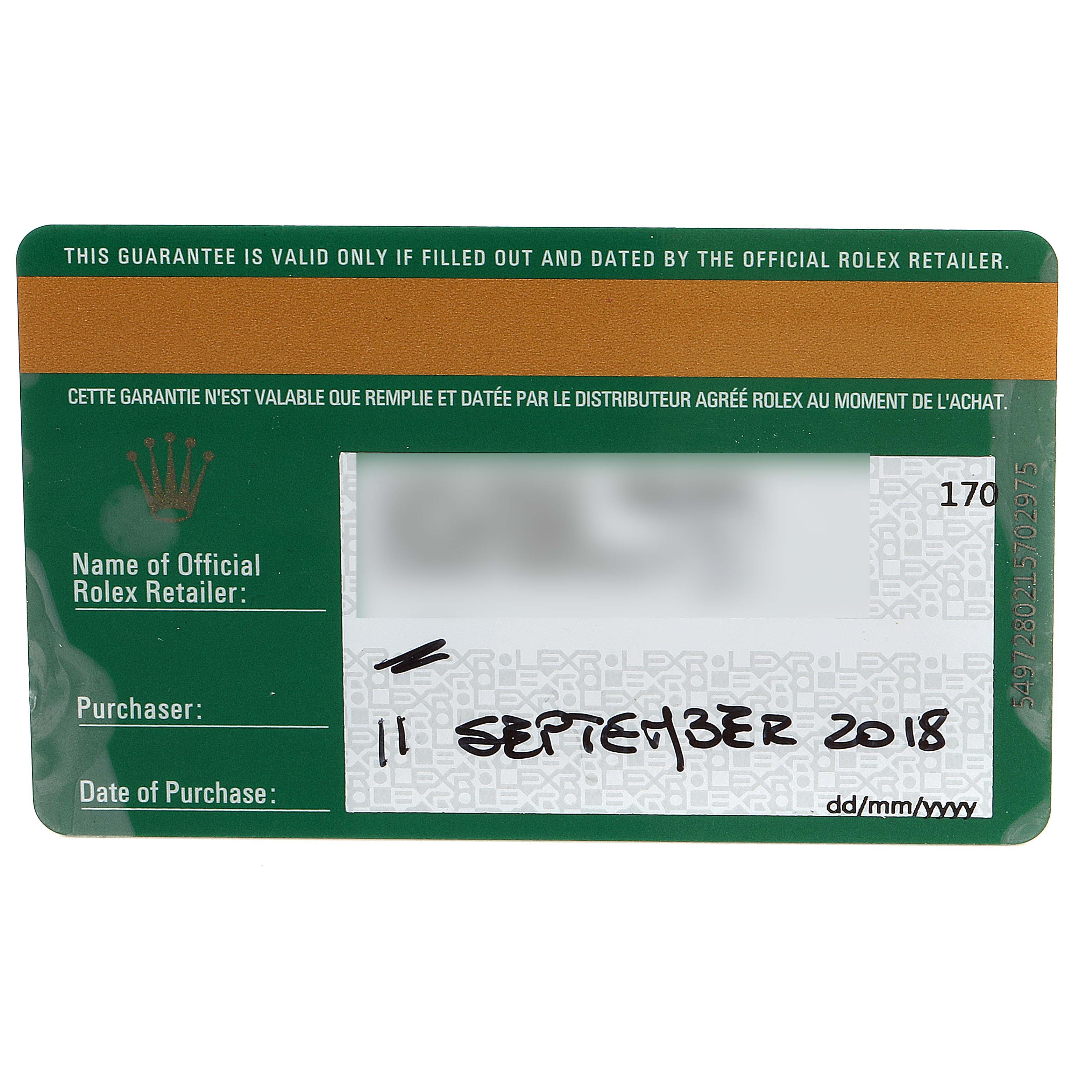 The image shows the warranty card for the Rolex Daytona 116509 Men's White Gold Blue Dial 116509 Men's White Gold Blue Dial model, indicating purchase details.