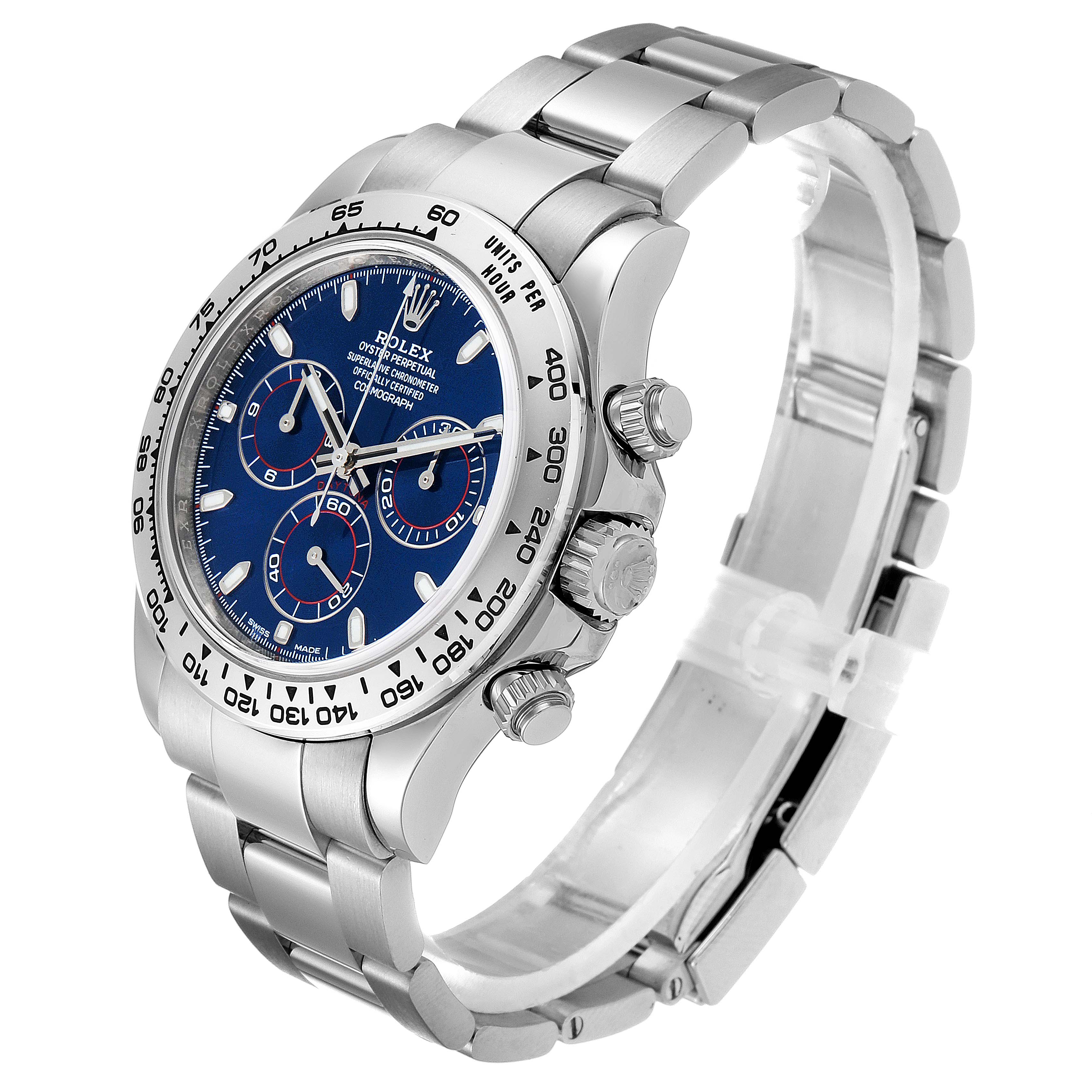 The image shows a Rolex Daytona 116509 Men's White Gold Blue Dial 116509 Men's White Gold Blue Dial watch at a three-quarter angle, displaying its face, bezel, crown, and stainless steel bracelet.