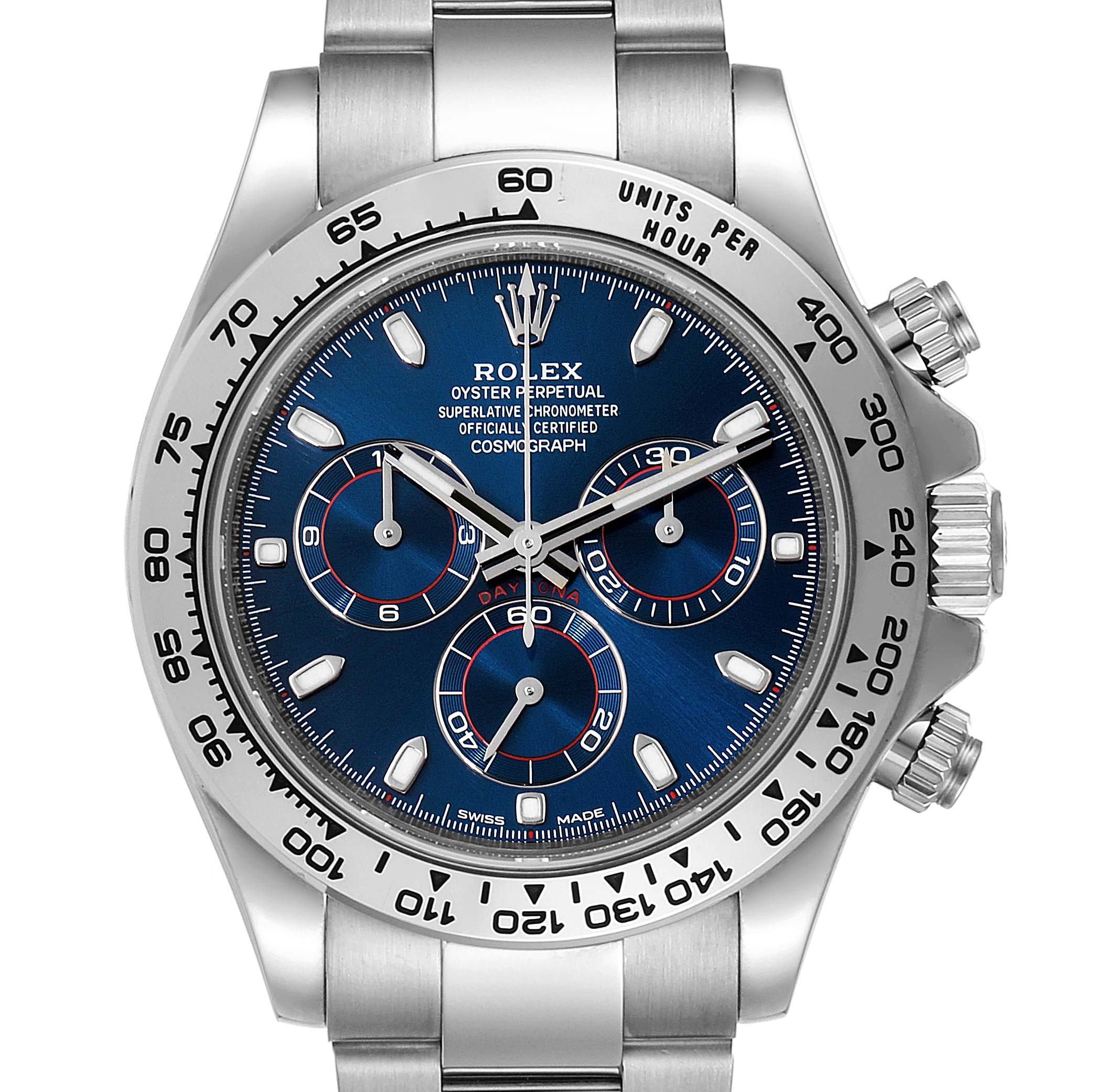 The Rolex Daytona 116509 Men's White Gold Blue Dial 116509 Men's White Gold Blue Dial watch is shown from a front angle, highlighting its face, bezel, and chronograph dials.