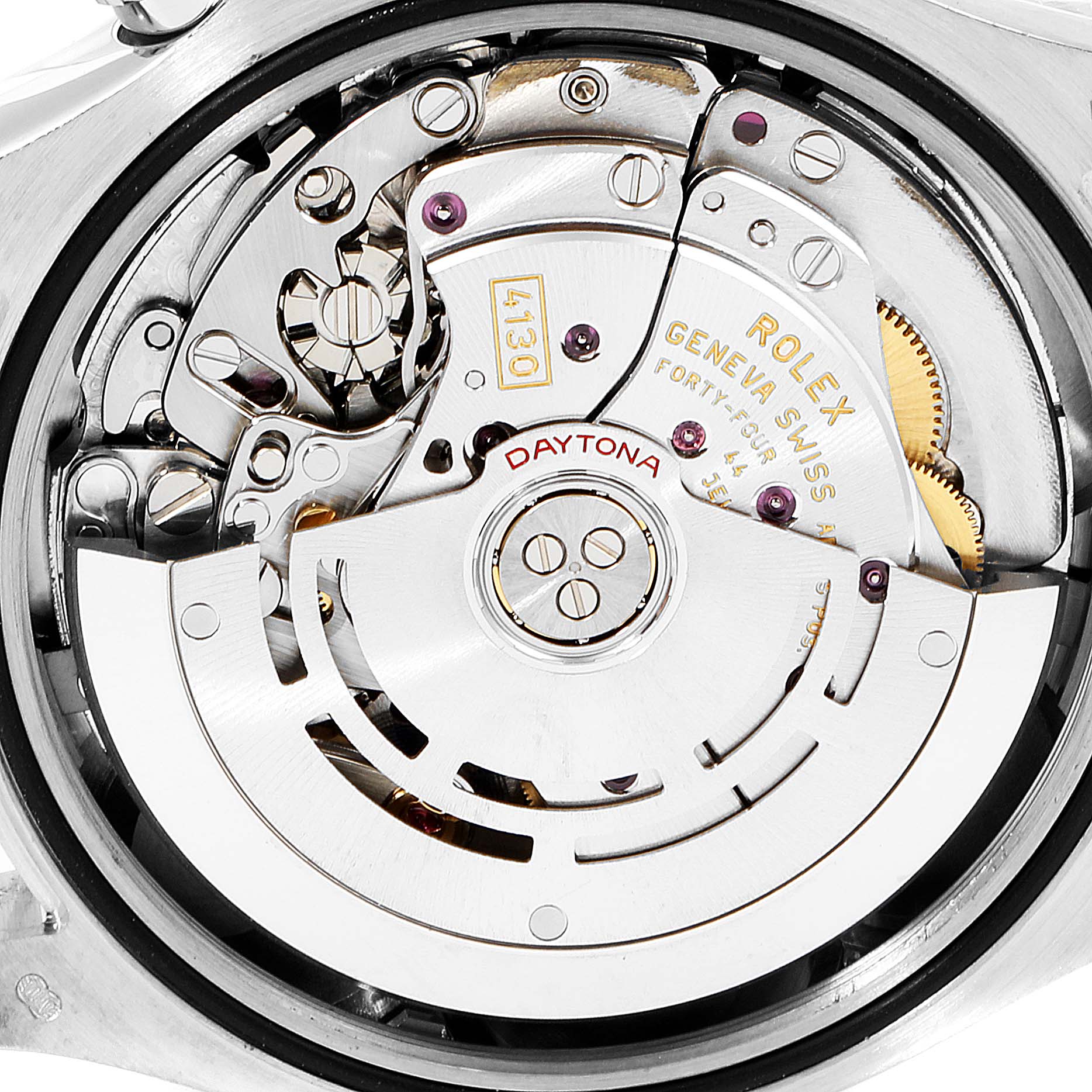 This is a close-up view of the movement components of a Rolex Daytona 116509 Men's White Gold Blue Dial 116509 Men's White Gold Blue Dial watch.