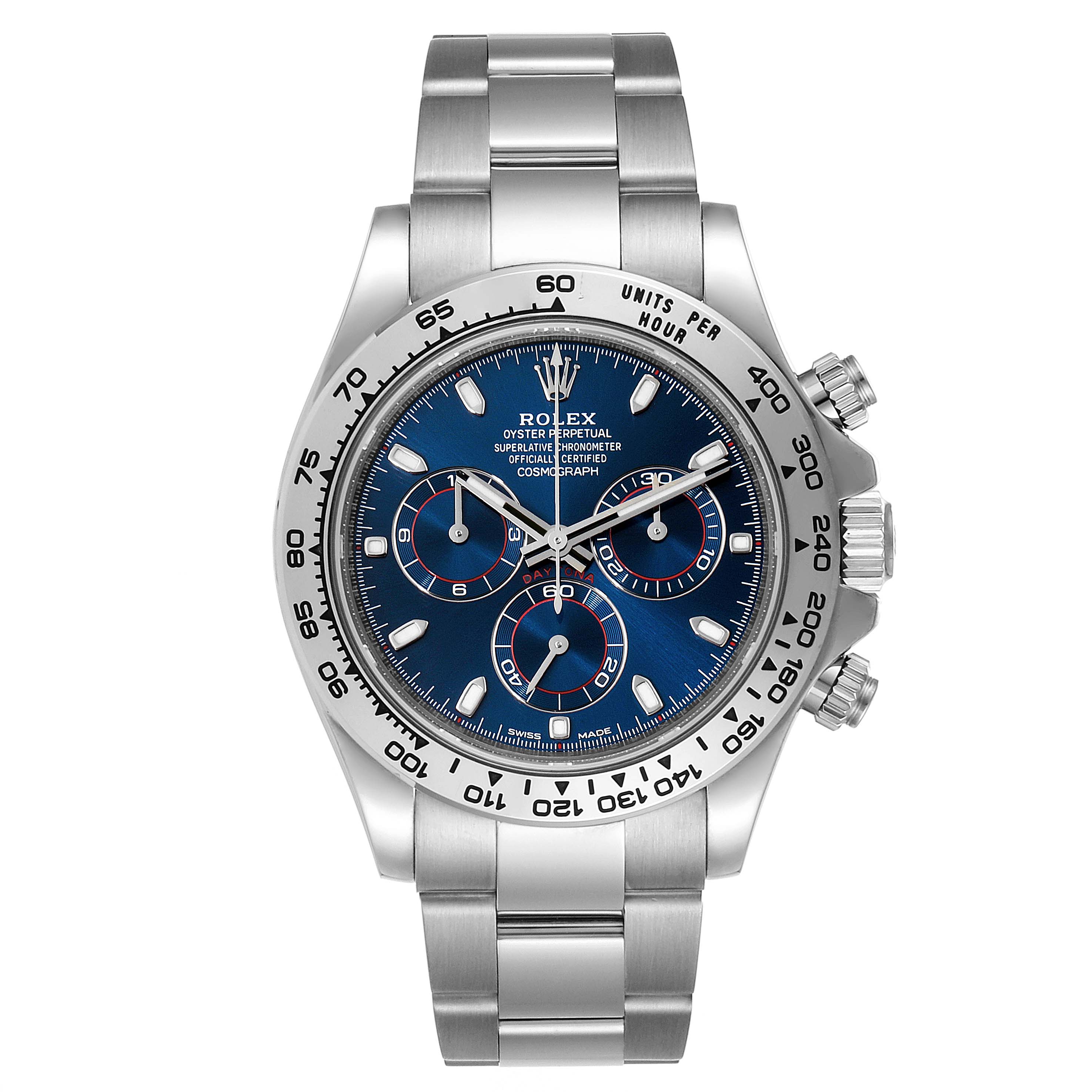 The image shows a front view of a Rolex Daytona 116509 Men's White Gold Blue Dial 116509 Men's White Gold Blue Dial watch, displaying its dial, bezel, and bracelet.