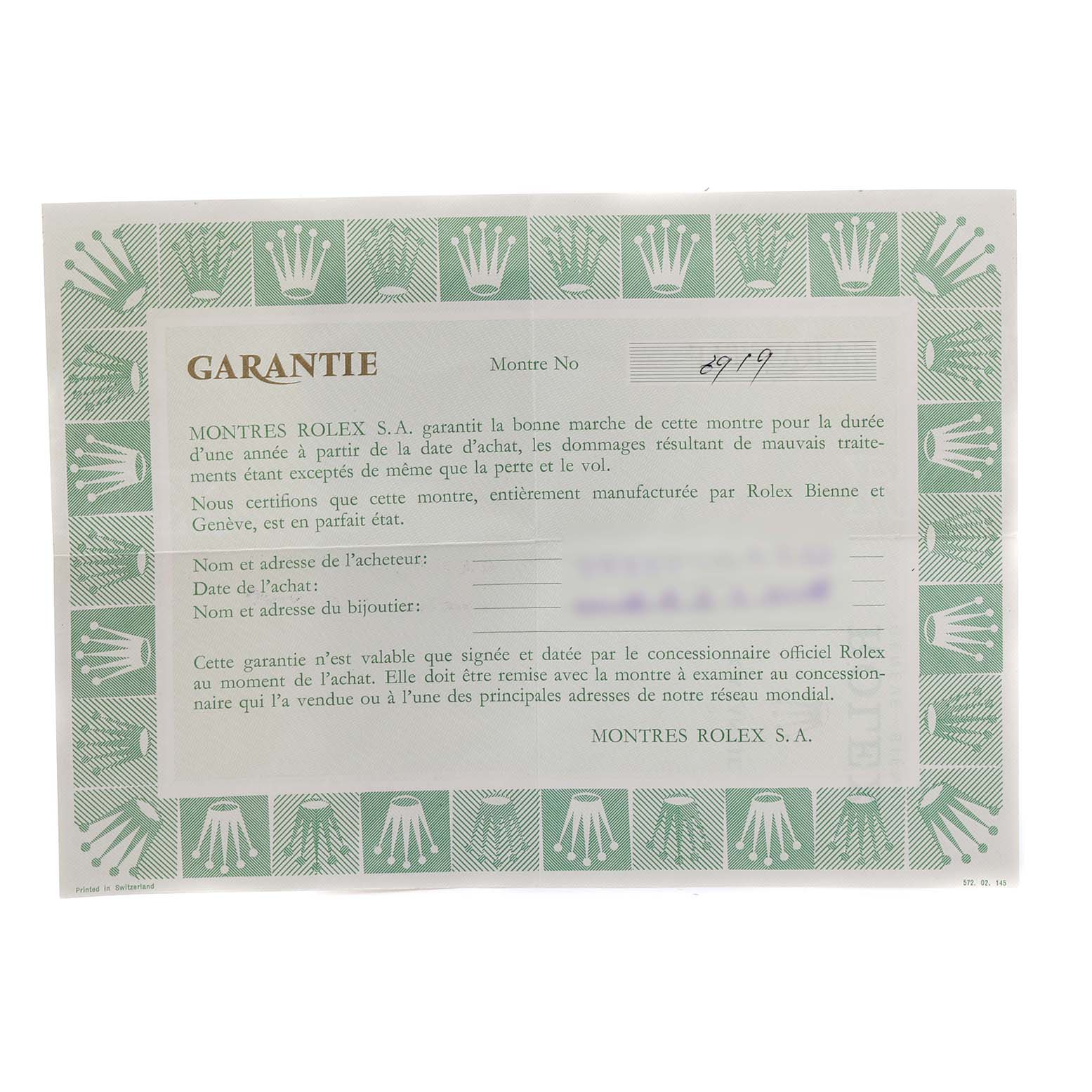 The image shows the warranty card for a Rolex Date 6919 Women
s Stainless Steel Silver Dial 6919 Women
s Stainless Steel Silver Dial model watch, including details like the purchase date and buyer
s information.