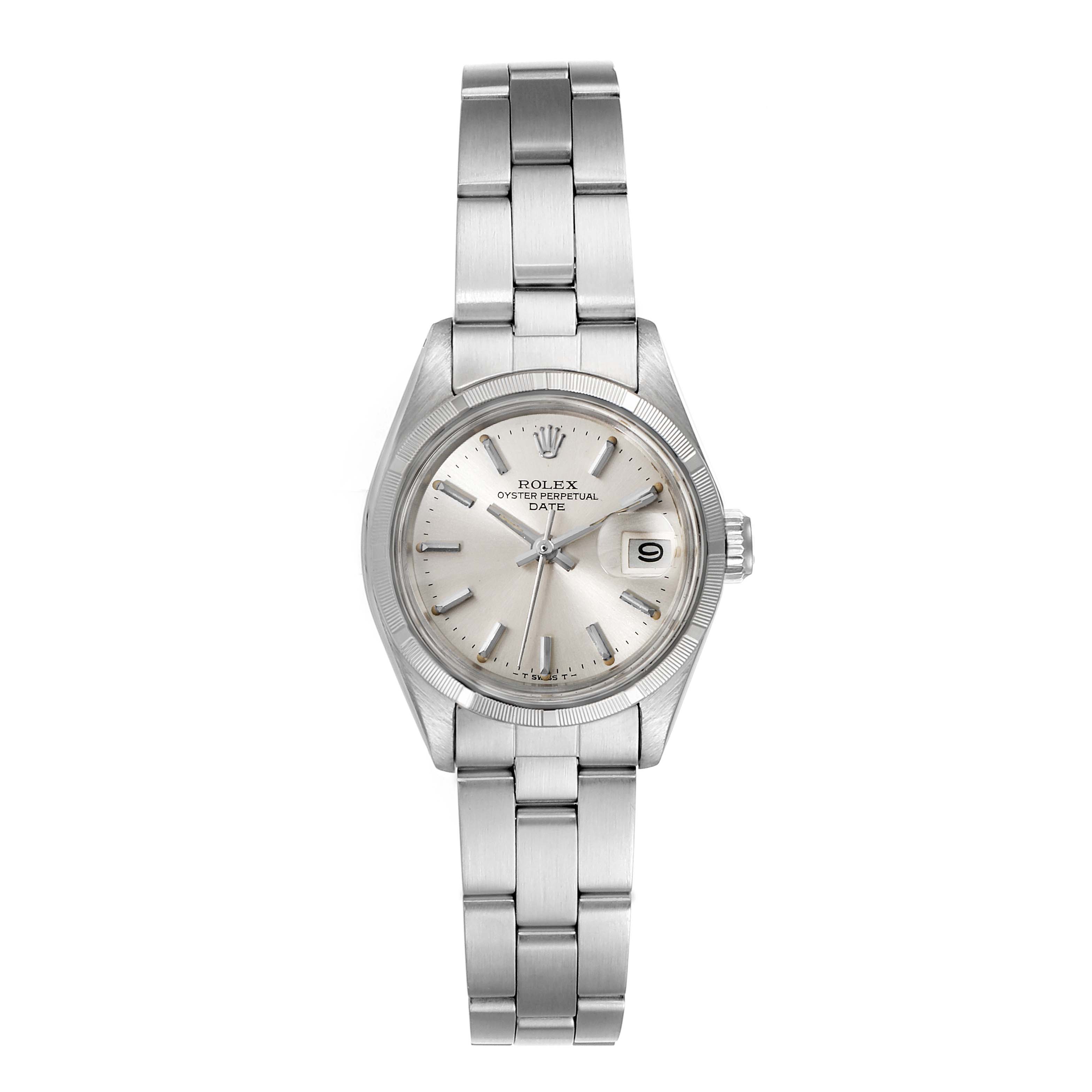 This image shows a front view of a Rolex Date 6919 Women
s Stainless Steel Silver Dial 6919 Women
s Stainless Steel Silver Dial model watch, displaying the bracelet, dial, and date magnifier.