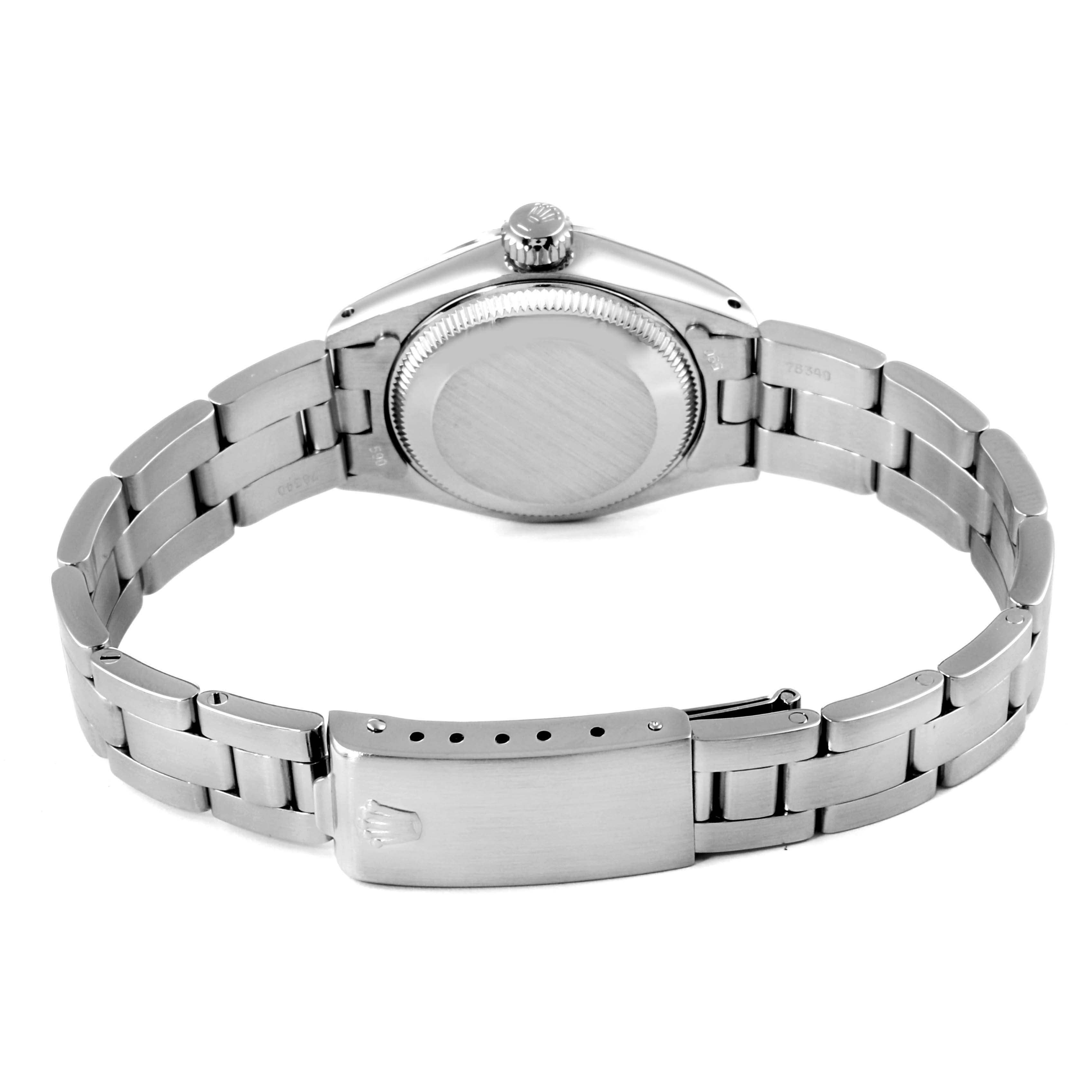 This image shows the back view of a Rolex Date 6919 Women
s Stainless Steel Silver Dial 6919 Women
s Stainless Steel Silver Dial model watch, including the bracelet, clasp, and case back.
