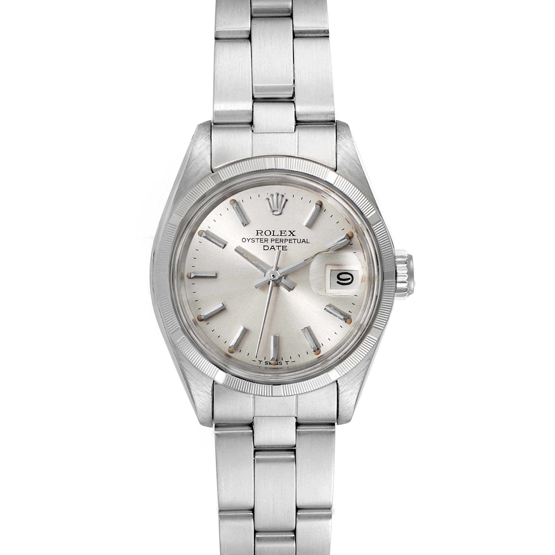 This image shows a front view of a Rolex Date 6919 Women
s Stainless Steel Silver Dial 6919 Women
s Stainless Steel Silver Dial model watch, displaying the dial, hands, bracelet, and date window.