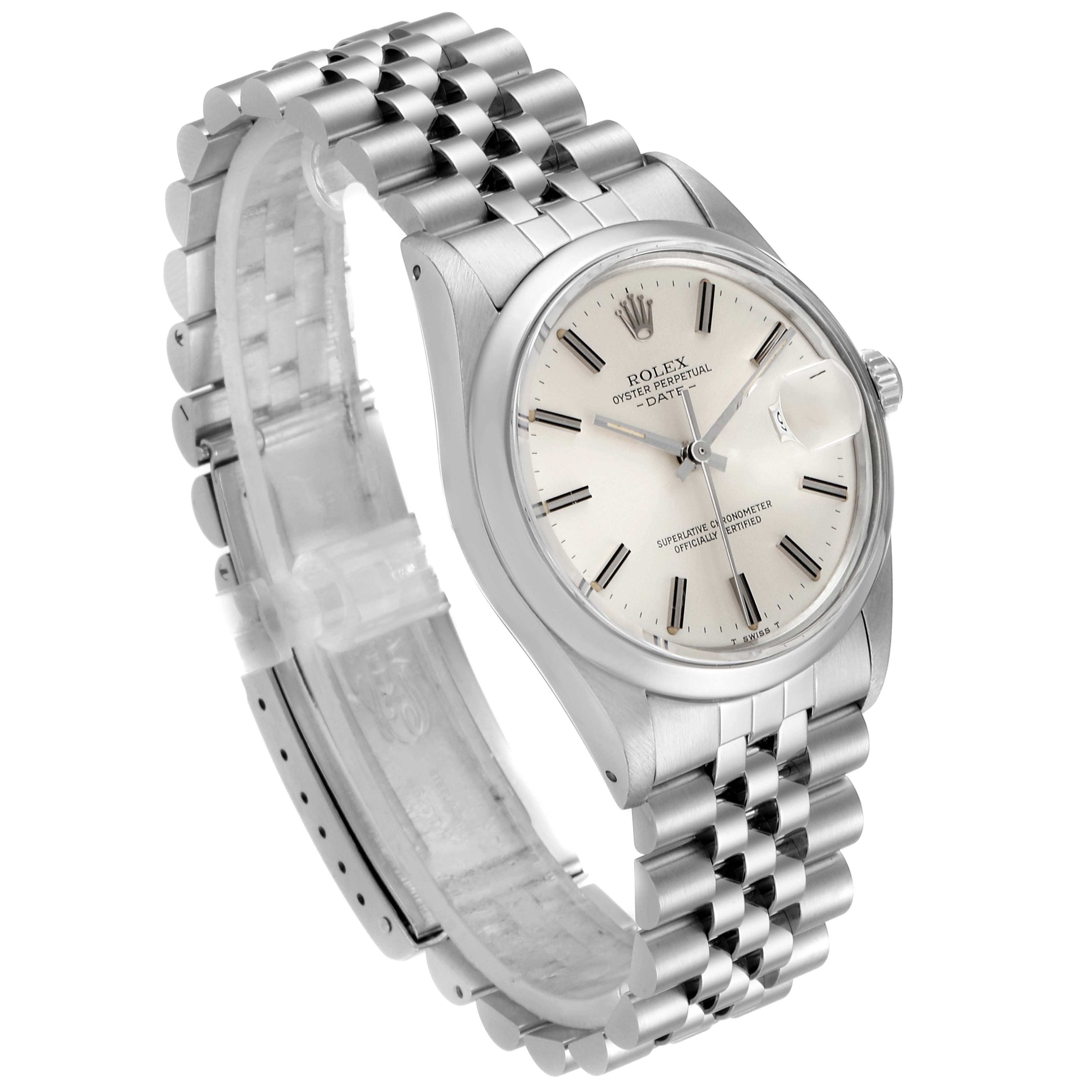 The image shows a Rolex Date 15000 Men's Stainless Steel Silver Dial 15000 Men's Stainless Steel Silver Dial model watch angled from the front and side, highlighting the dial, bezel, and jubilee bracelet.