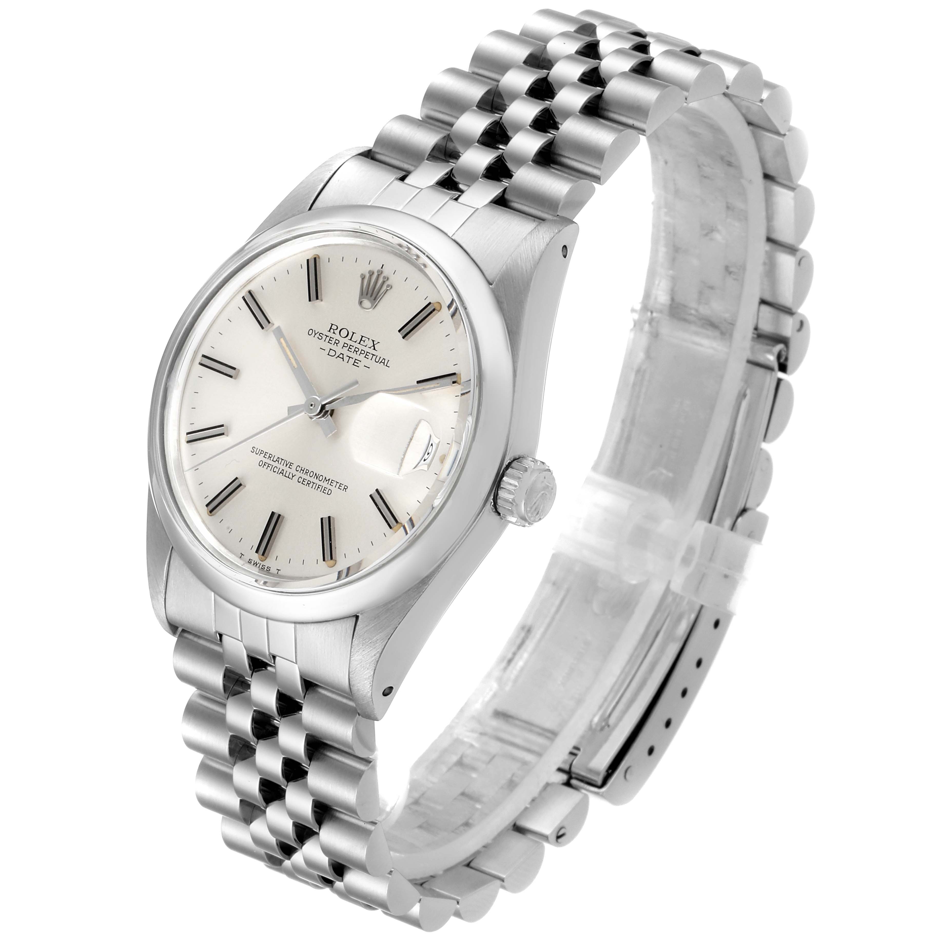 The Rolex Date 15000 Men's Stainless Steel Silver Dial 15000 Men's Stainless Steel Silver Dial model watch is shown at a three-quarter angle, displaying its dial, bezel, and Jubilee bracelet.