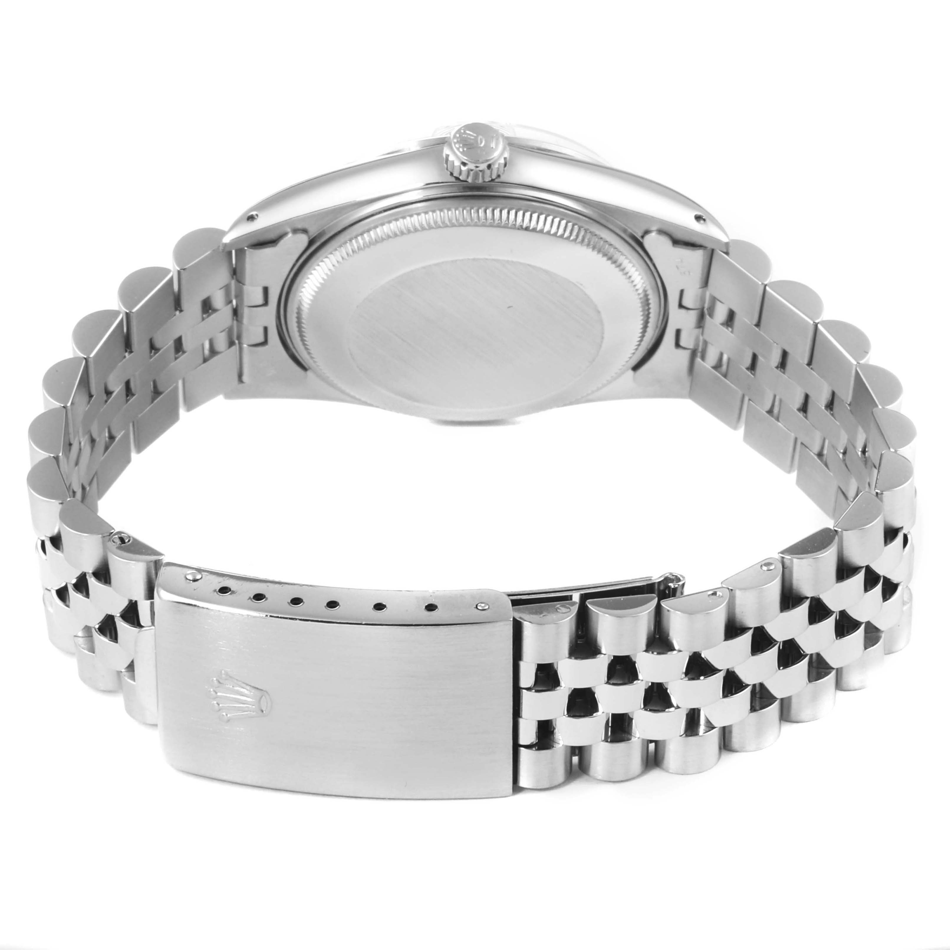 The image shows the back view of a Rolex Date 15000 Men's Stainless Steel Silver Dial 15000 Men's Stainless Steel Silver Dial model watch highlighting the case, bracelet, and clasp.