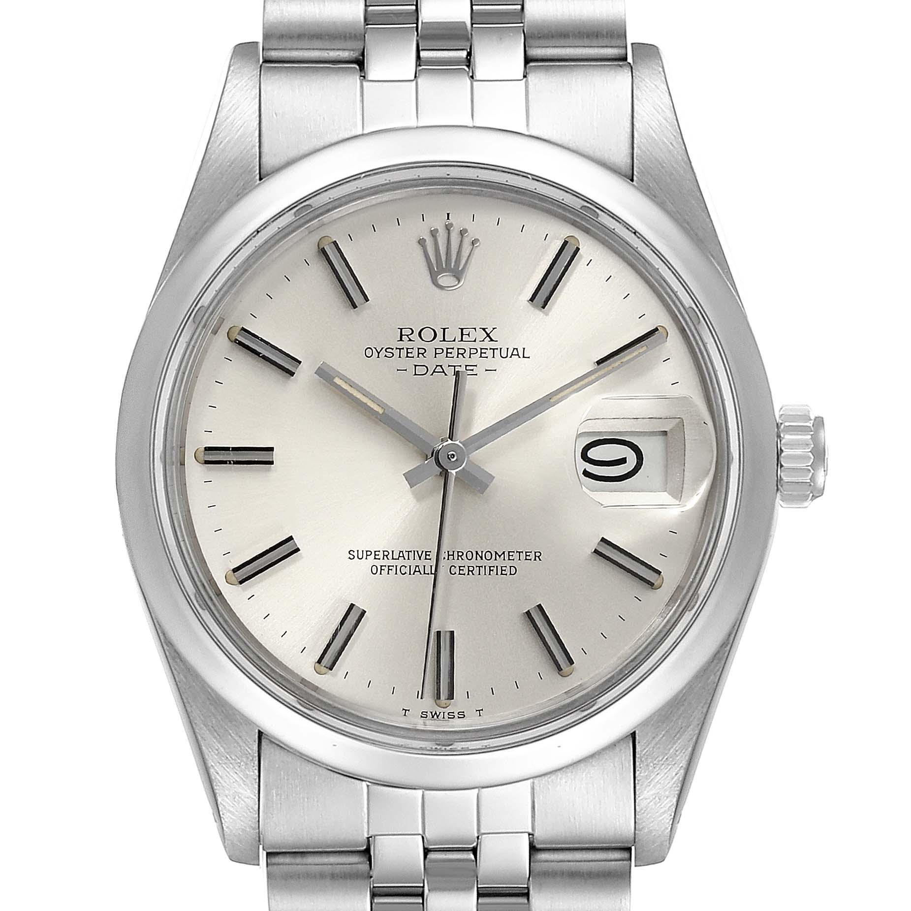 This image shows a Rolex Oyster Perpetual Date model watch viewed from the front, highlighting the dial, hands, bracelet, and date window.