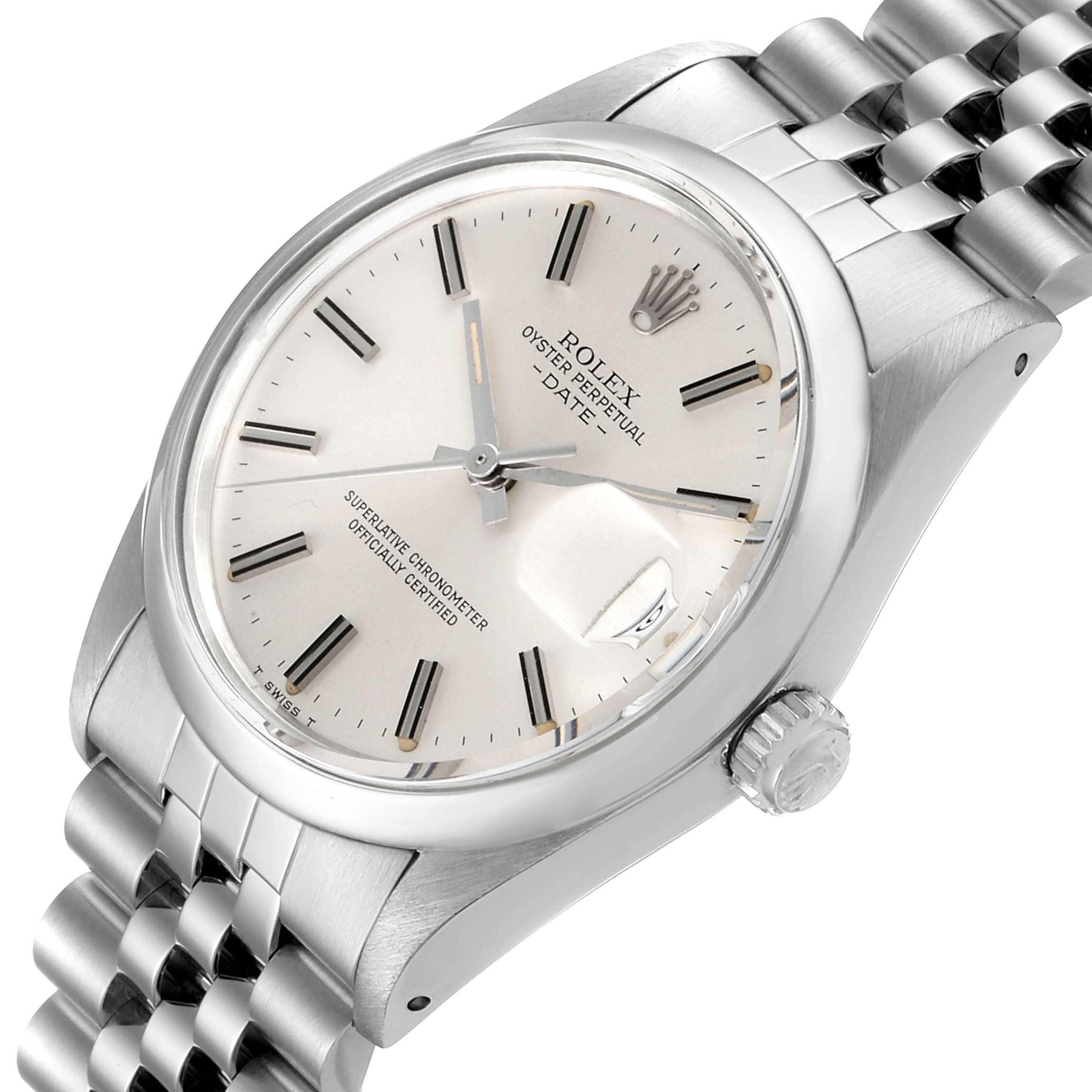 The image shows a Rolex Date 15000 Men's Stainless Steel Silver Dial 15000 Men's Stainless Steel Silver Dial watch at a slight angle, highlighting the dial, bezel, crown, and part of the bracelet.