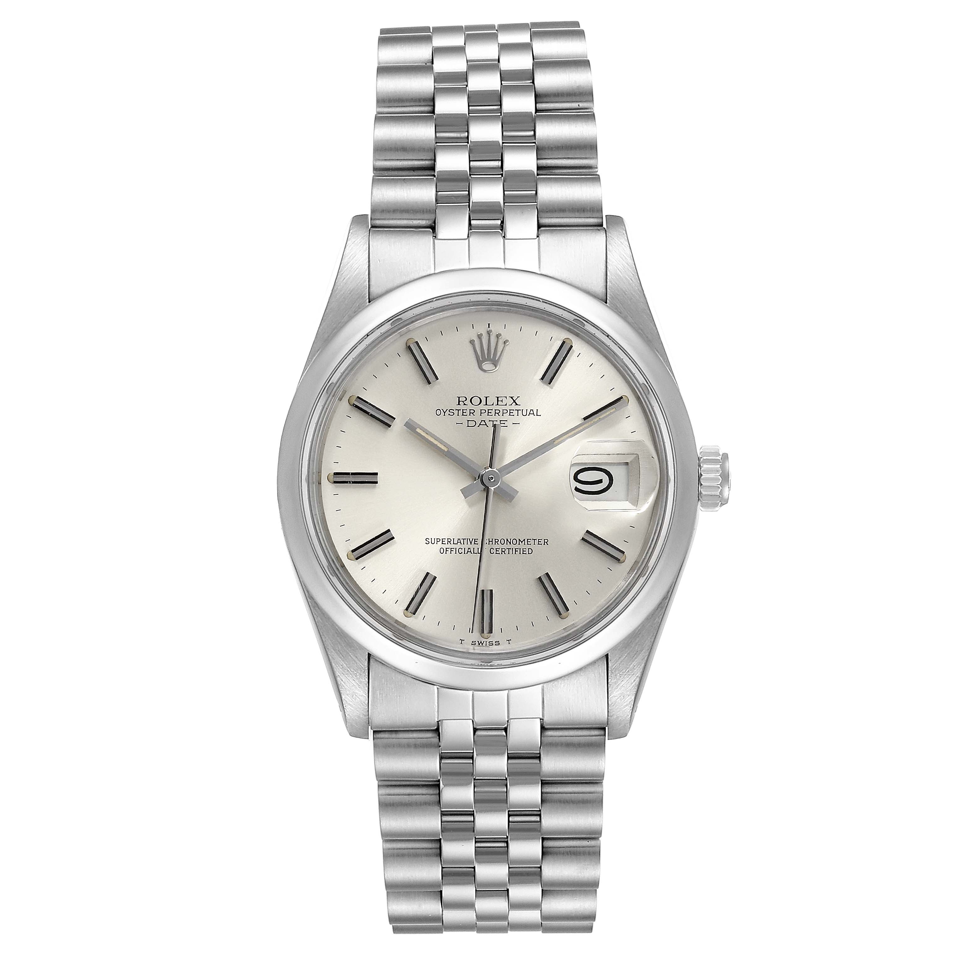 The image shows a Rolex Date 15000 Men's Stainless Steel Silver Dial 15000 Men's Stainless Steel Silver Dial model watch from a front angle, highlighting its dial, bezel, case, and bracelet.