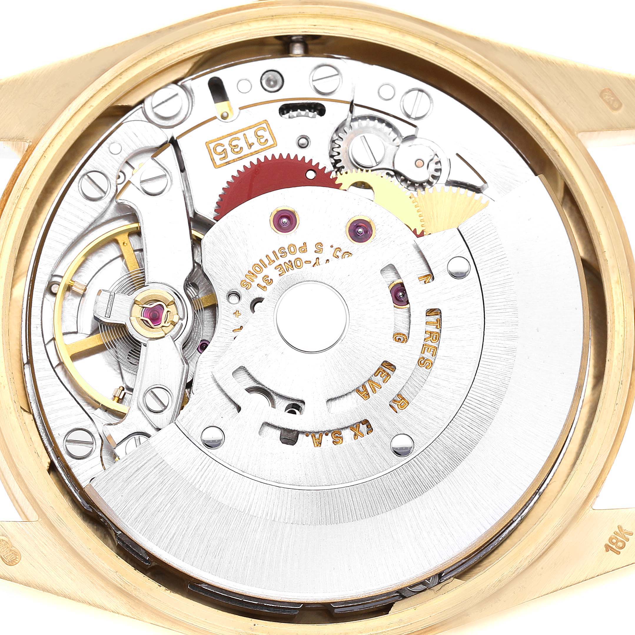 The image shows the back view of a Rolex Date 15238 Men's Yellow Gold Champagne Dial model, focusing on its mechanical movement parts.