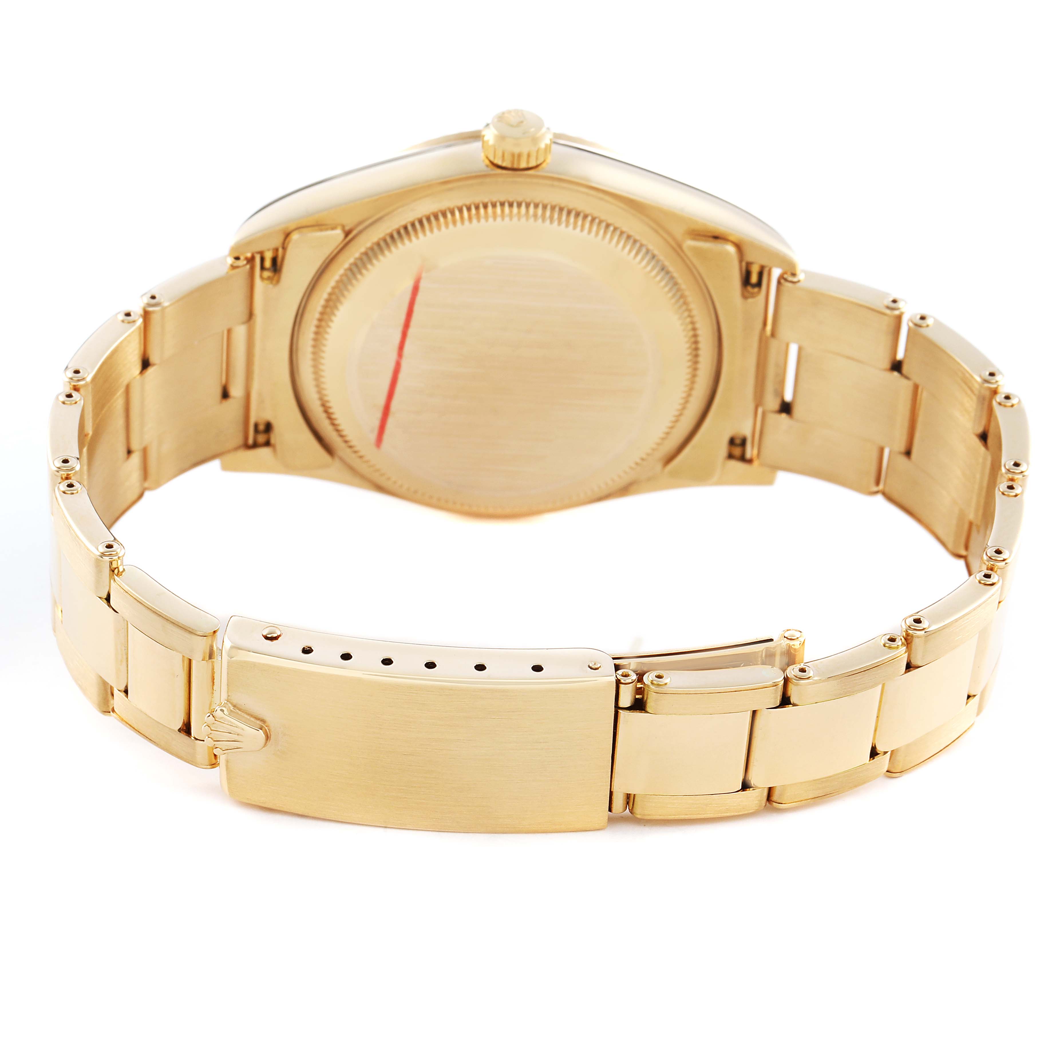 The image shows the back and bracelet of a Rolex Date 15238 Men's Yellow Gold Champagne Dial watch, highlighting its clasp and case back from a rear angle.