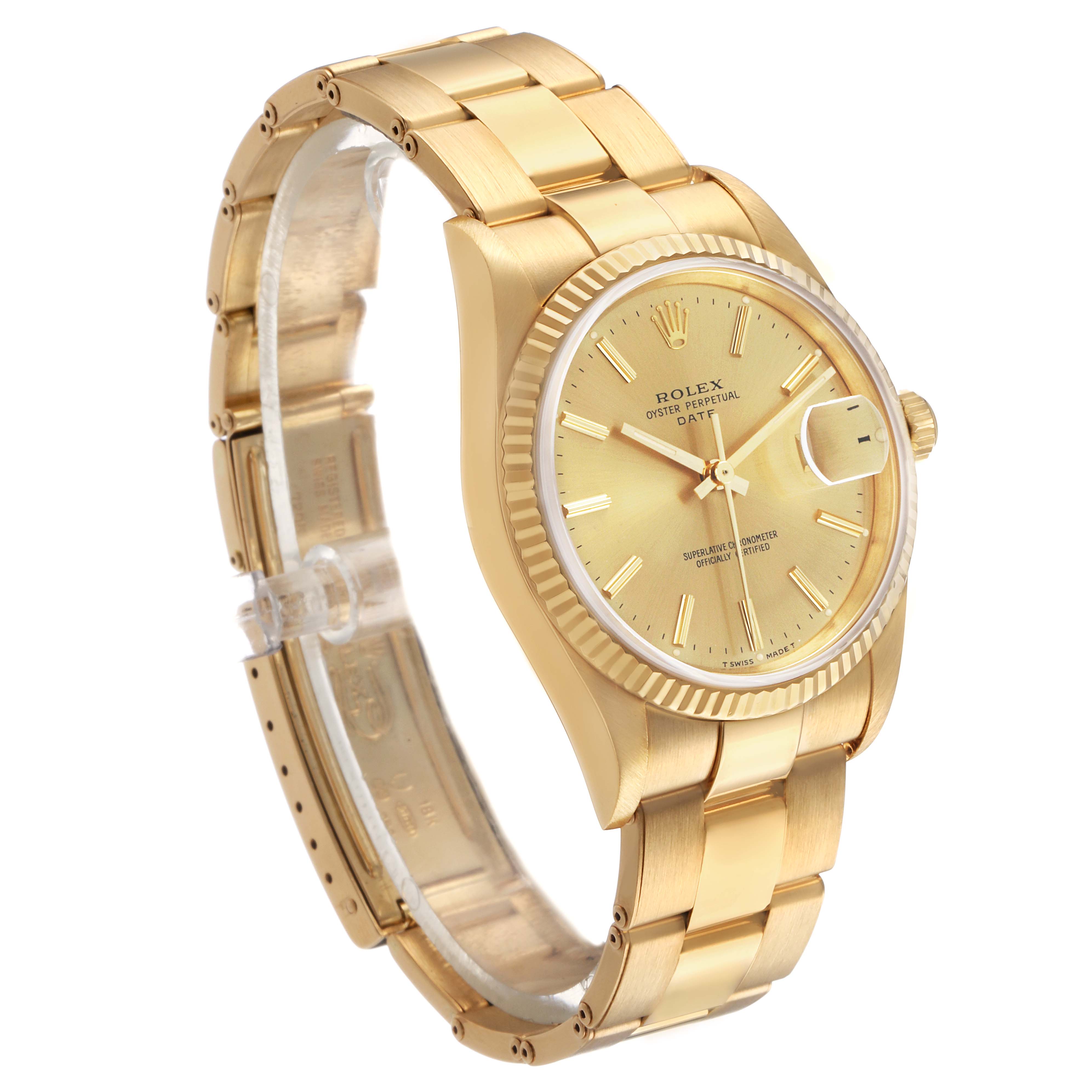 The Rolex Date 15238 Men's Yellow Gold Champagne Dial model is shown at a three-quarter angle, highlighting the face, bezel, and bracelet.