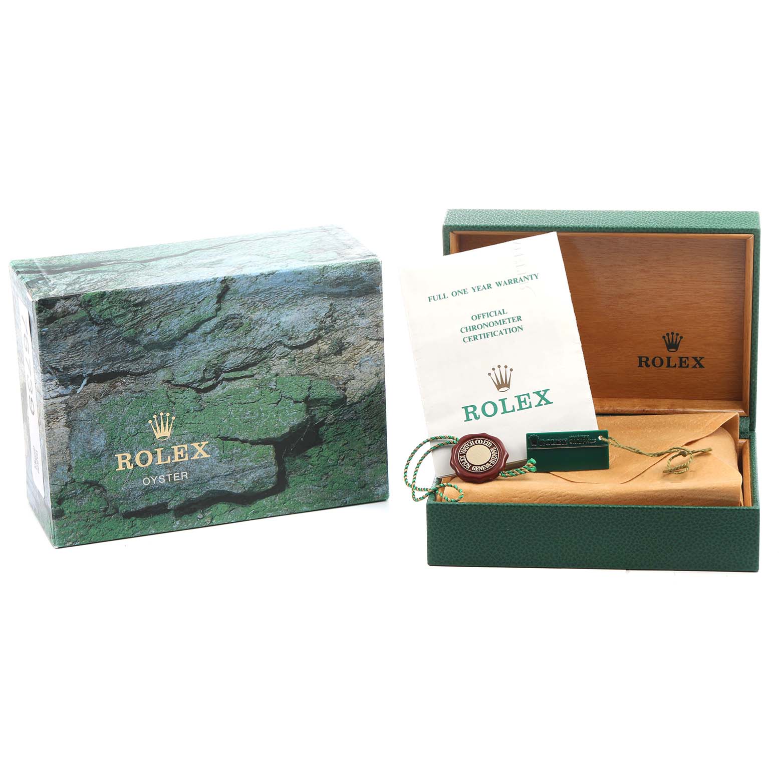 The image shows packaging and accessories for a Rolex Date 15238 Men's Yellow Gold Champagne Dial model, including the box, warranty, and certification papers.