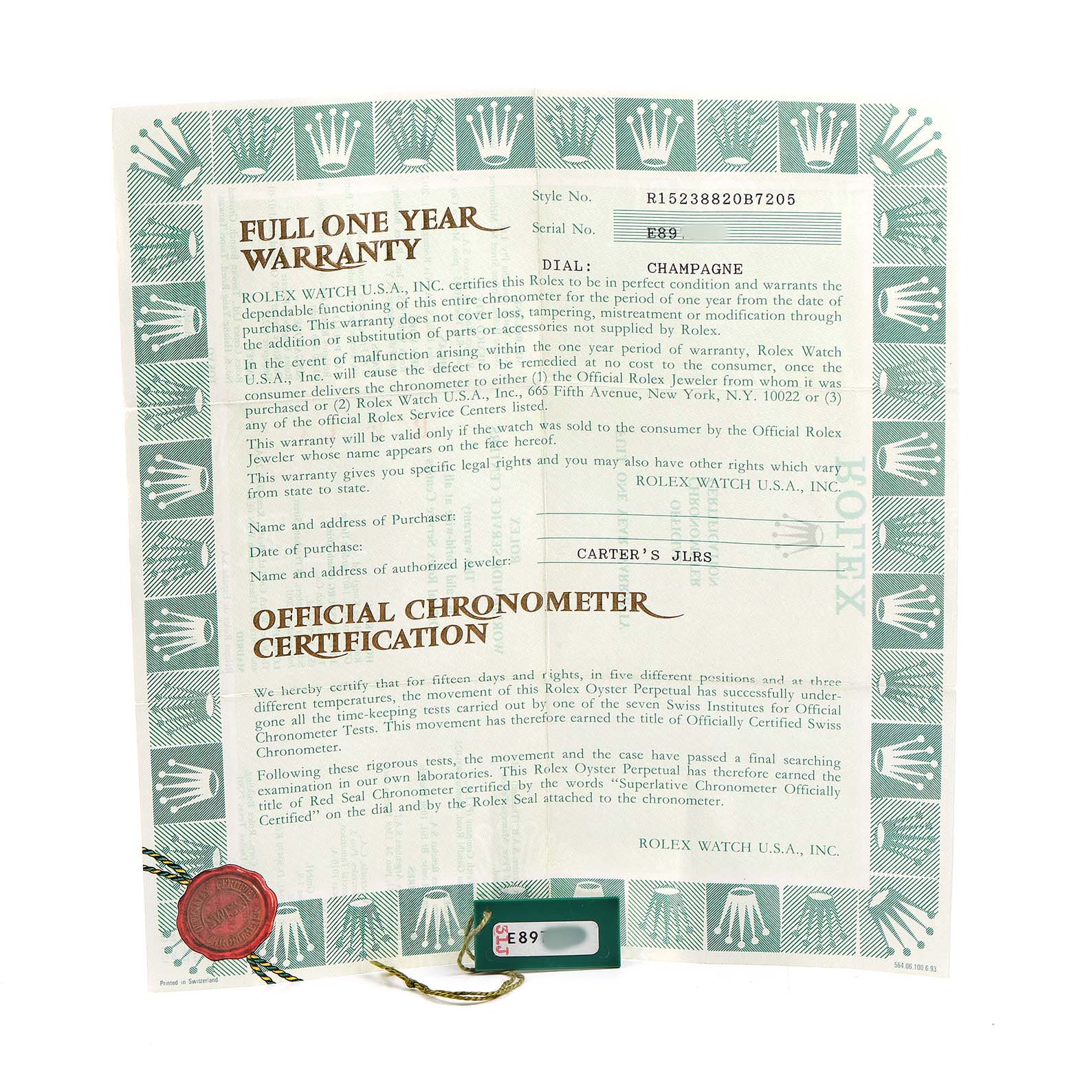 The image shows a warranty certificate and a tag for a Rolex Date 15238 Men's Yellow Gold Champagne Dial model watch, emphasizing official authentication.