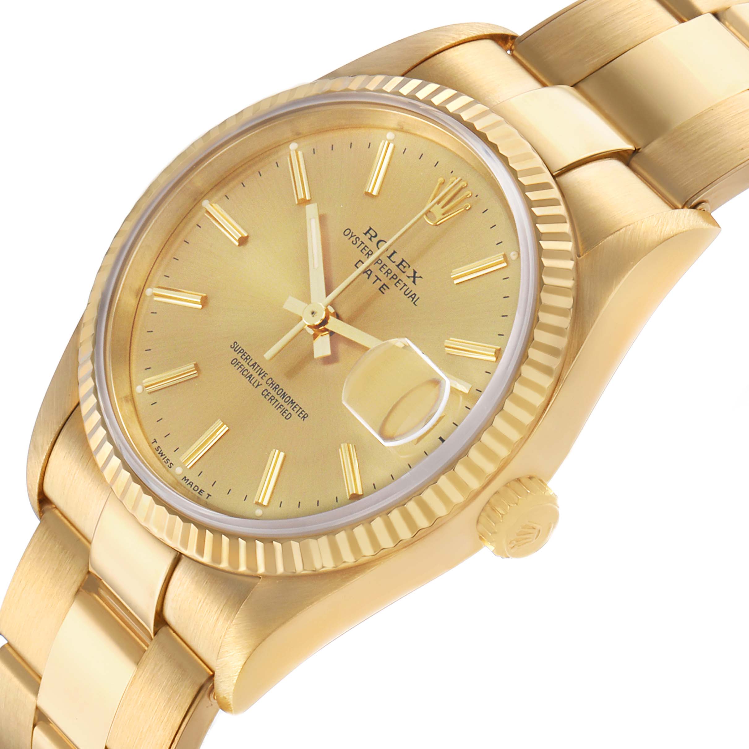 The Rolex Date 15238 Men's Yellow Gold Champagne Dial watch is shown from a tilted angle, displaying the dial, bezel, bracelet, and crown.